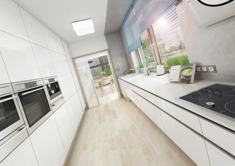 Byt o rozloze 125 m2, v posledním patře nového bytového domu. Materiál přírodního dubu a bílého laku ve vysokém lesku prostupuje celým bytem, doplňuje ho módní…