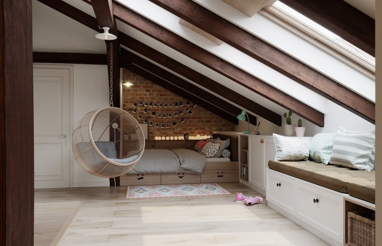 Architektonický návrh dětského pokoje s vlastní koupelnou.
