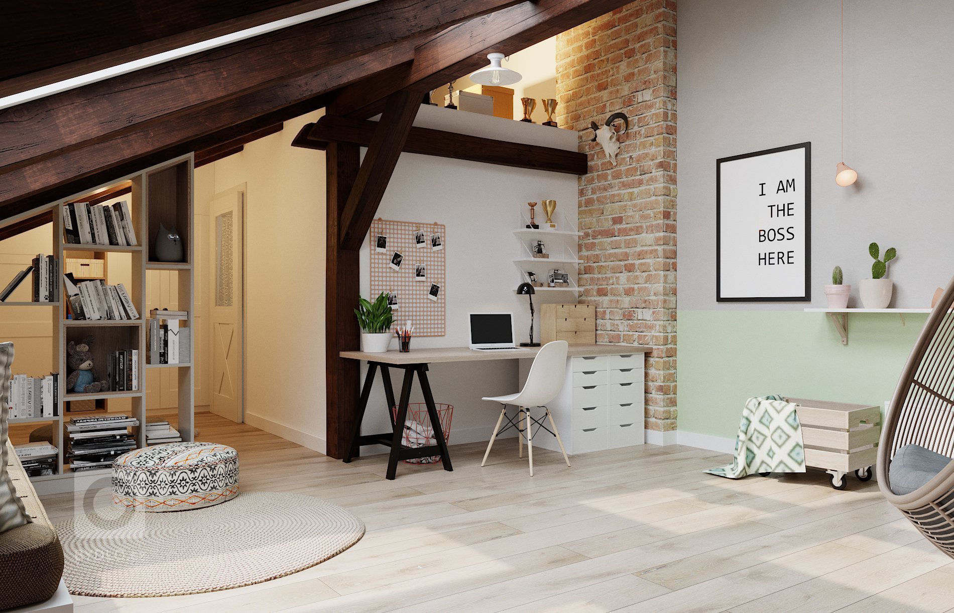 Architektonický návrh dětského pokoje s vlastní koupelnou.
