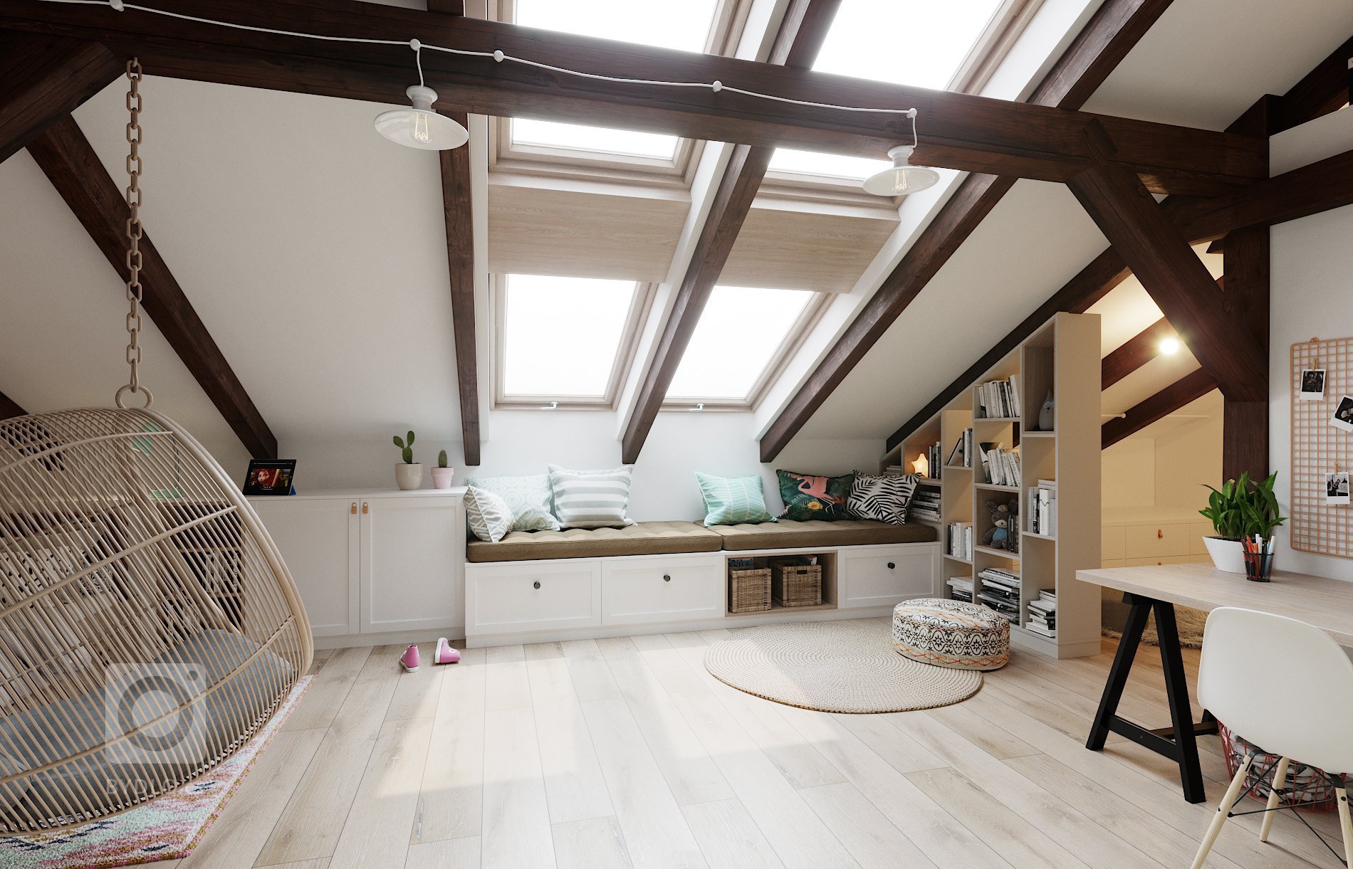 Architektonický návrh dětského pokoje s vlastní koupelnou.
