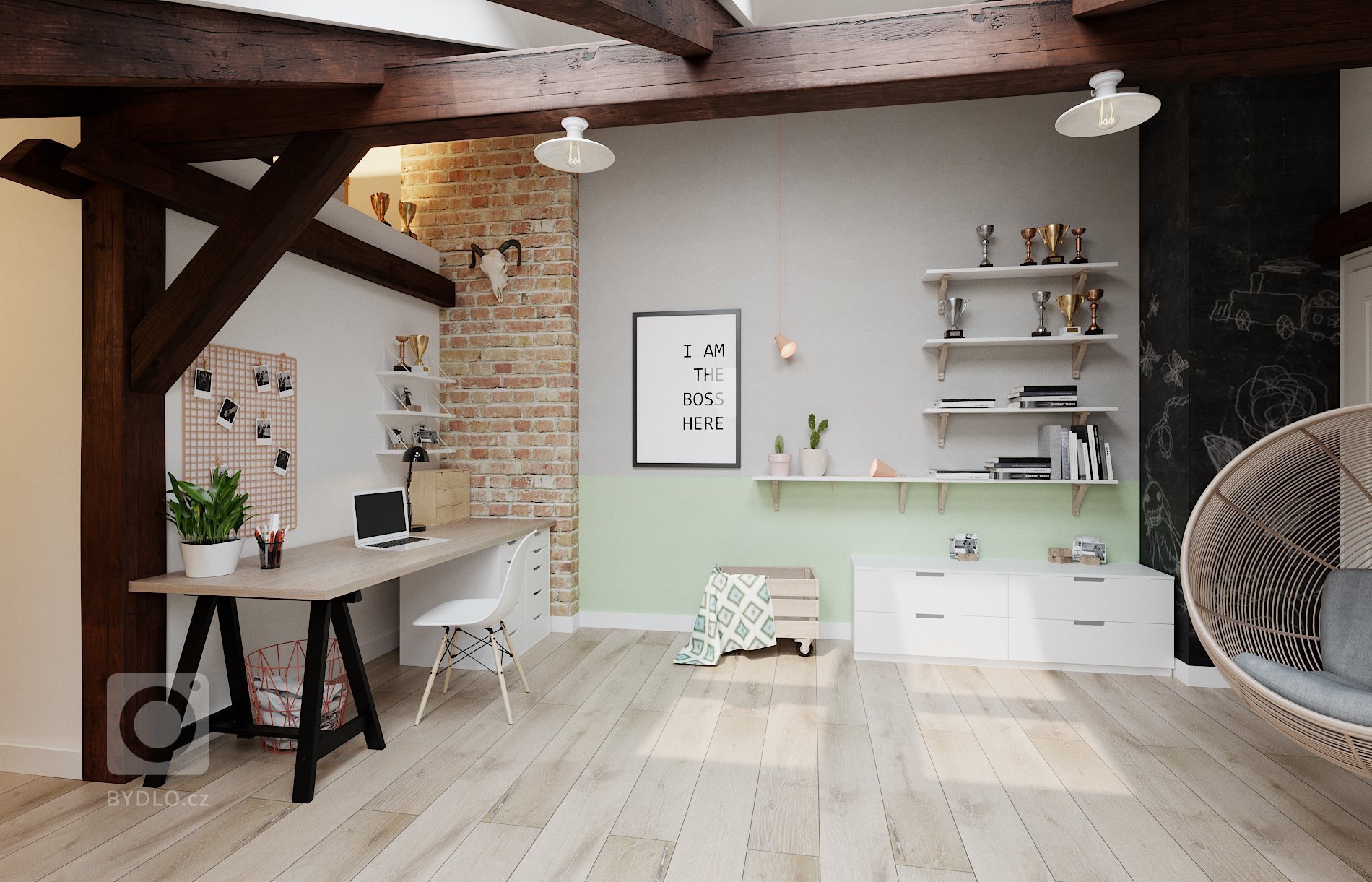 Architektonický návrh dětského pokoje s vlastní koupelnou.
