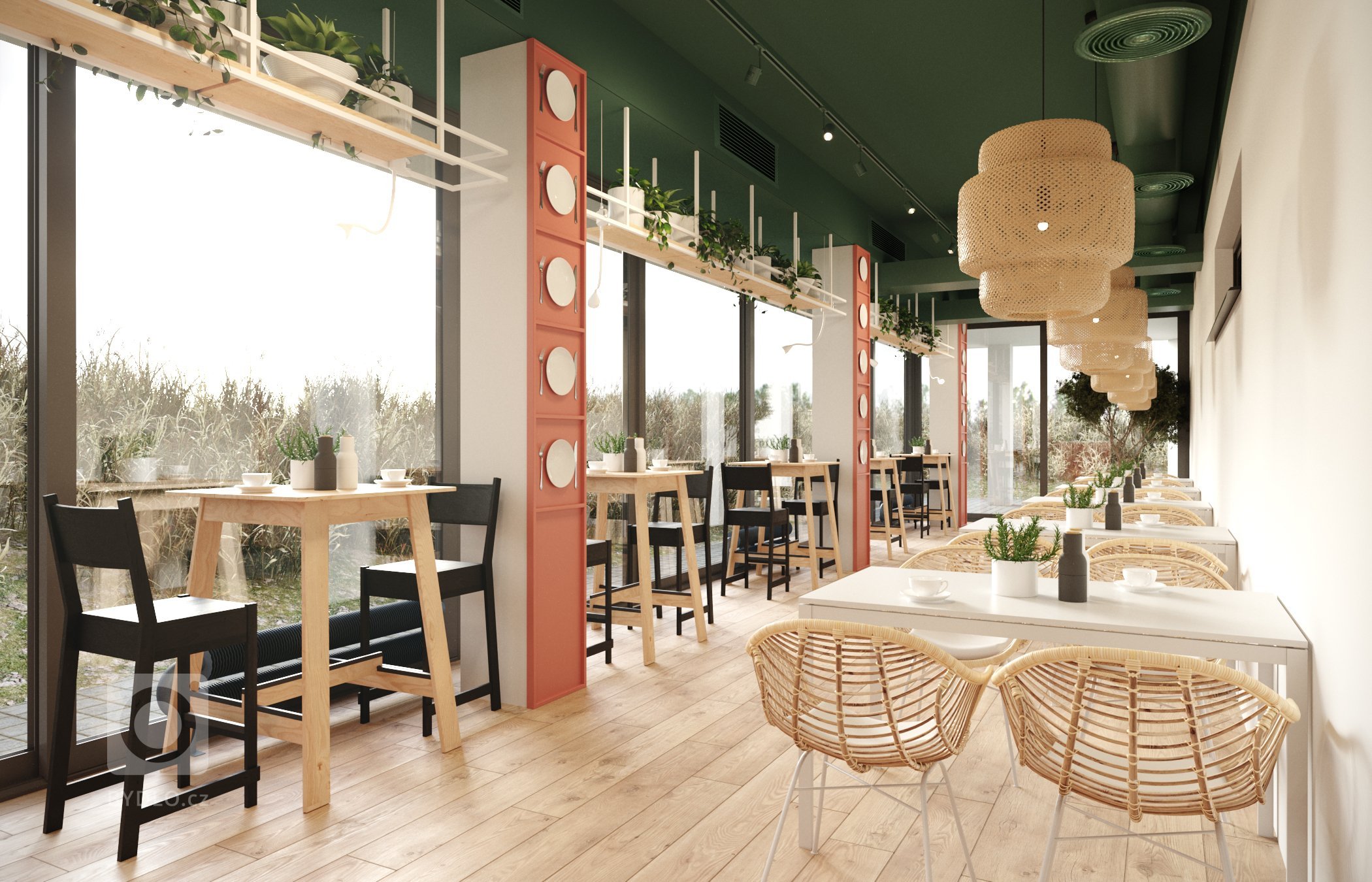 Architektonický návrh jídelny. Vestavba stravovacích prostor pro zaměstnance ve zdravotnickém zařízení. Čistý a jednoduchý design s množstvím rostlin.
…