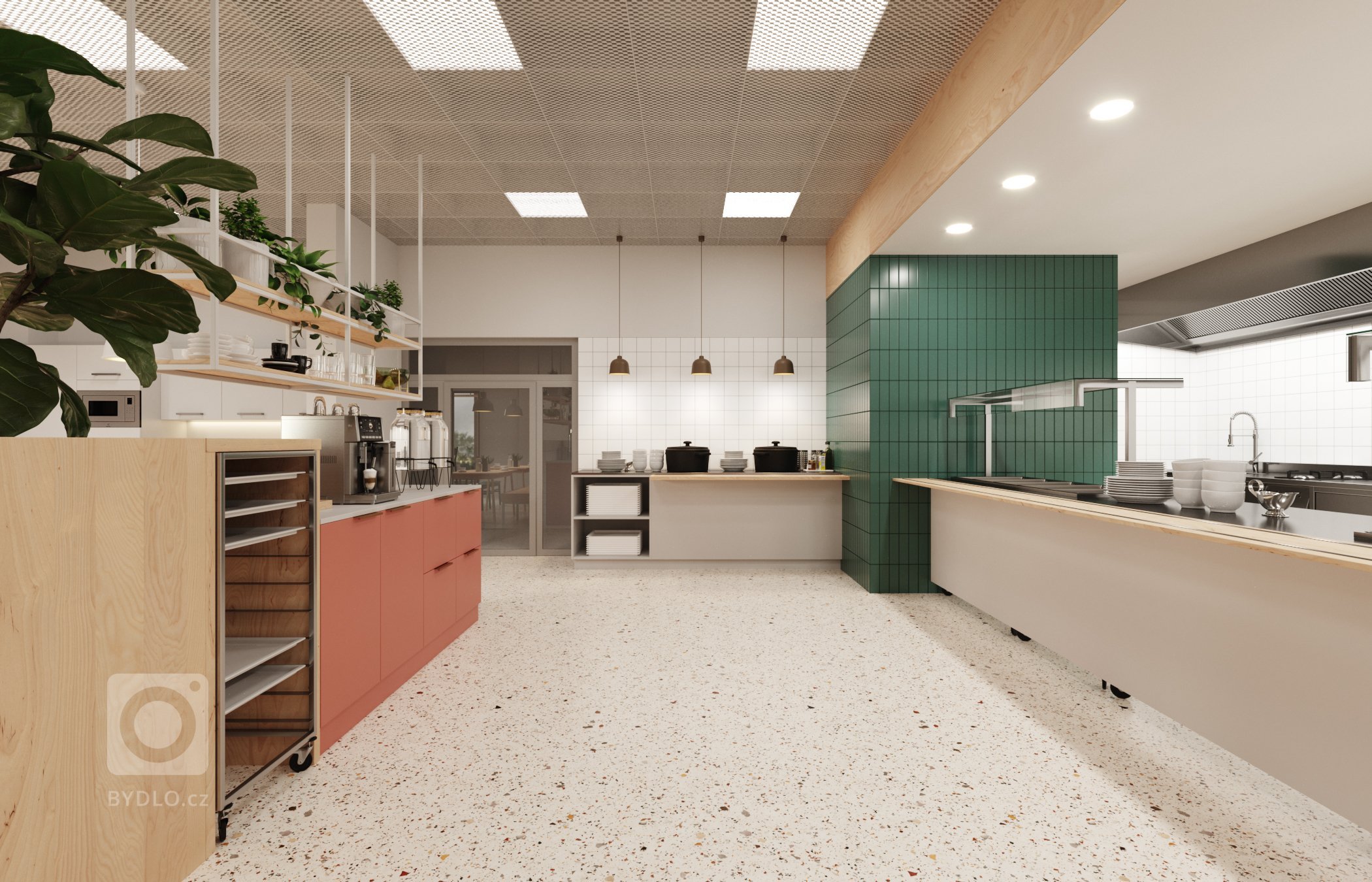 Architektonický návrh jídelny. Vestavba stravovacích prostor pro zaměstnance ve zdravotnickém zařízení. Čistý a jednoduchý design s množstvím rostlin.
…