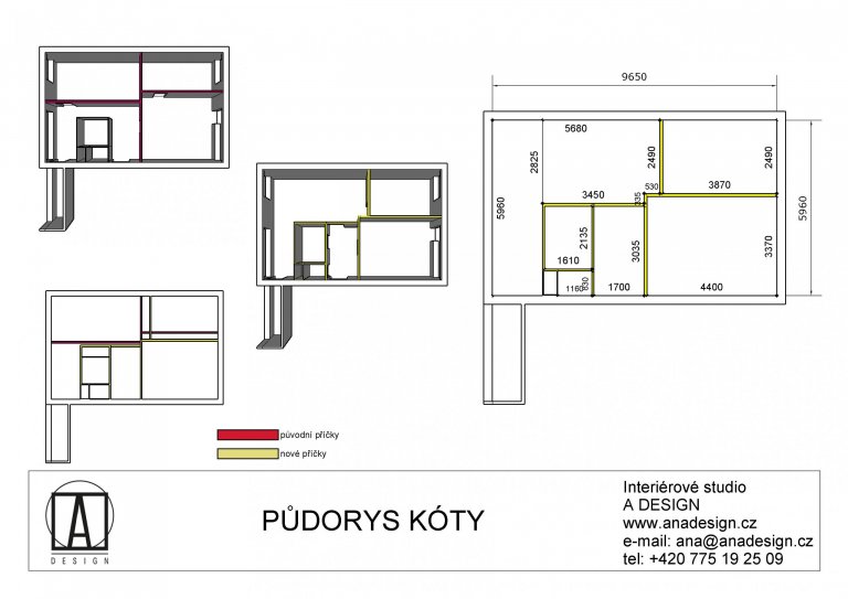 Starší byt 3+1 v pátém patře panelového domu o rozloze padesát šest metrů čtverečních s umakartovým jádrem a starou kuchyni volal po rozsáhlé rekonstrukci. 
: Naštěstí nám statika dovolila radikální zásah a ráznou dispoziční změnu. Nakonec ze všech původních příček zbyla jen třetina stěny mezi předsíni a dětským pokojem.

