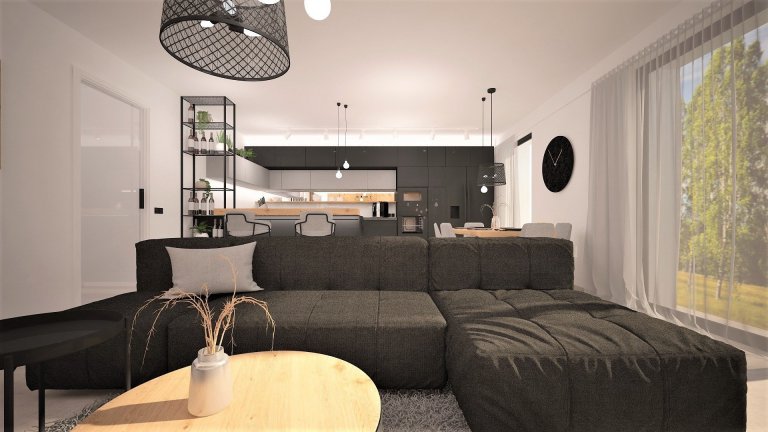 Interiér novostavby rodinného domu pro mladý manželský pár, který miluje industriální styl, kontrast a dřevo dub.&nbsp;
