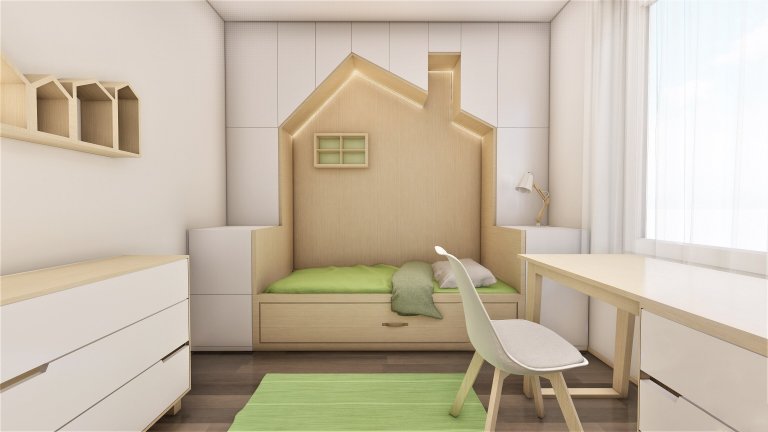Do pokojíčku o rozměru 12 m2 jsme vytvořili dětské království. Je zde domečková postel s možností výsuvné přistýlky, psací stůl i prostorná skříň s komodou.…