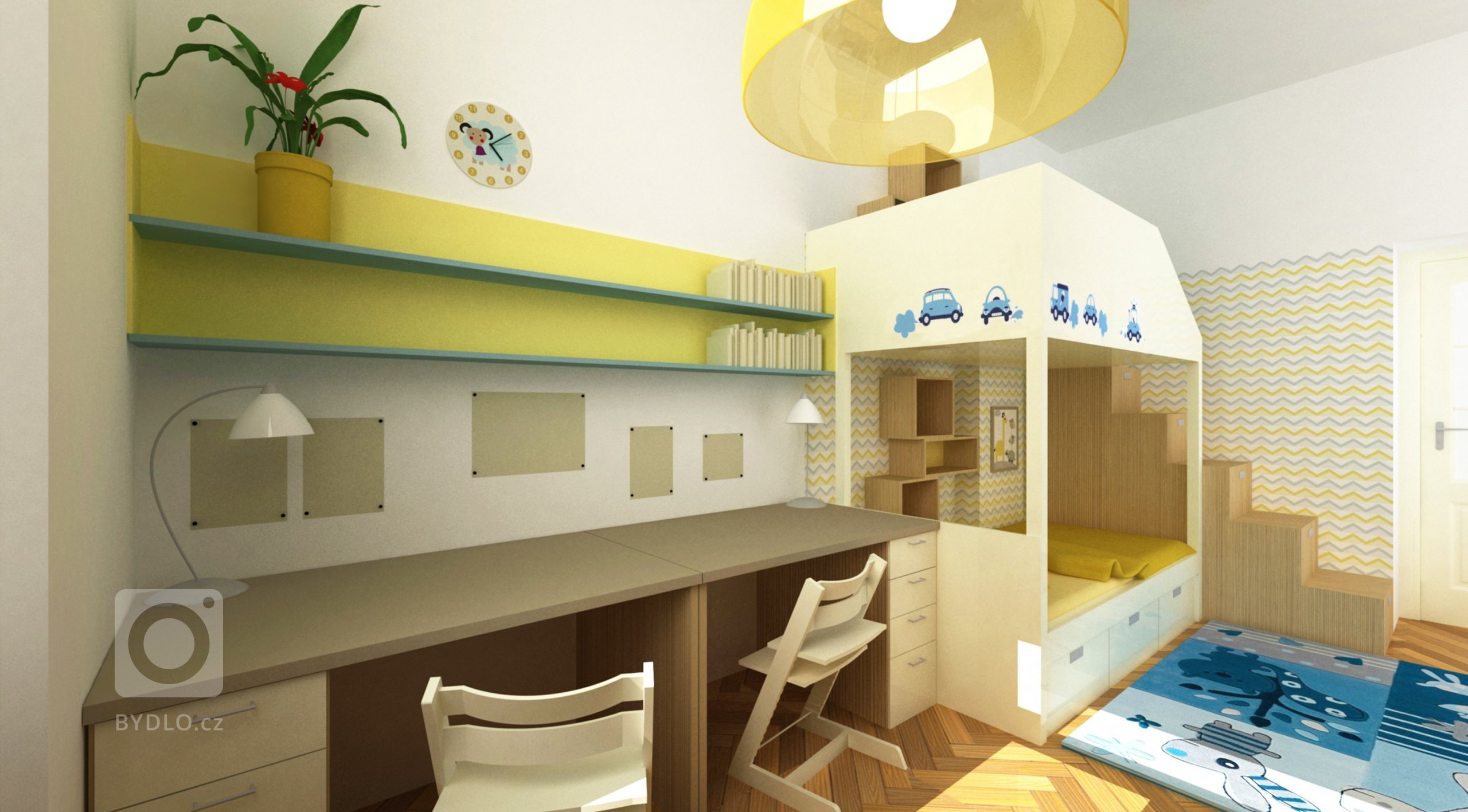 Návrh dětského pokoje v celkem úzkém prostoru, realizováno 2014.
