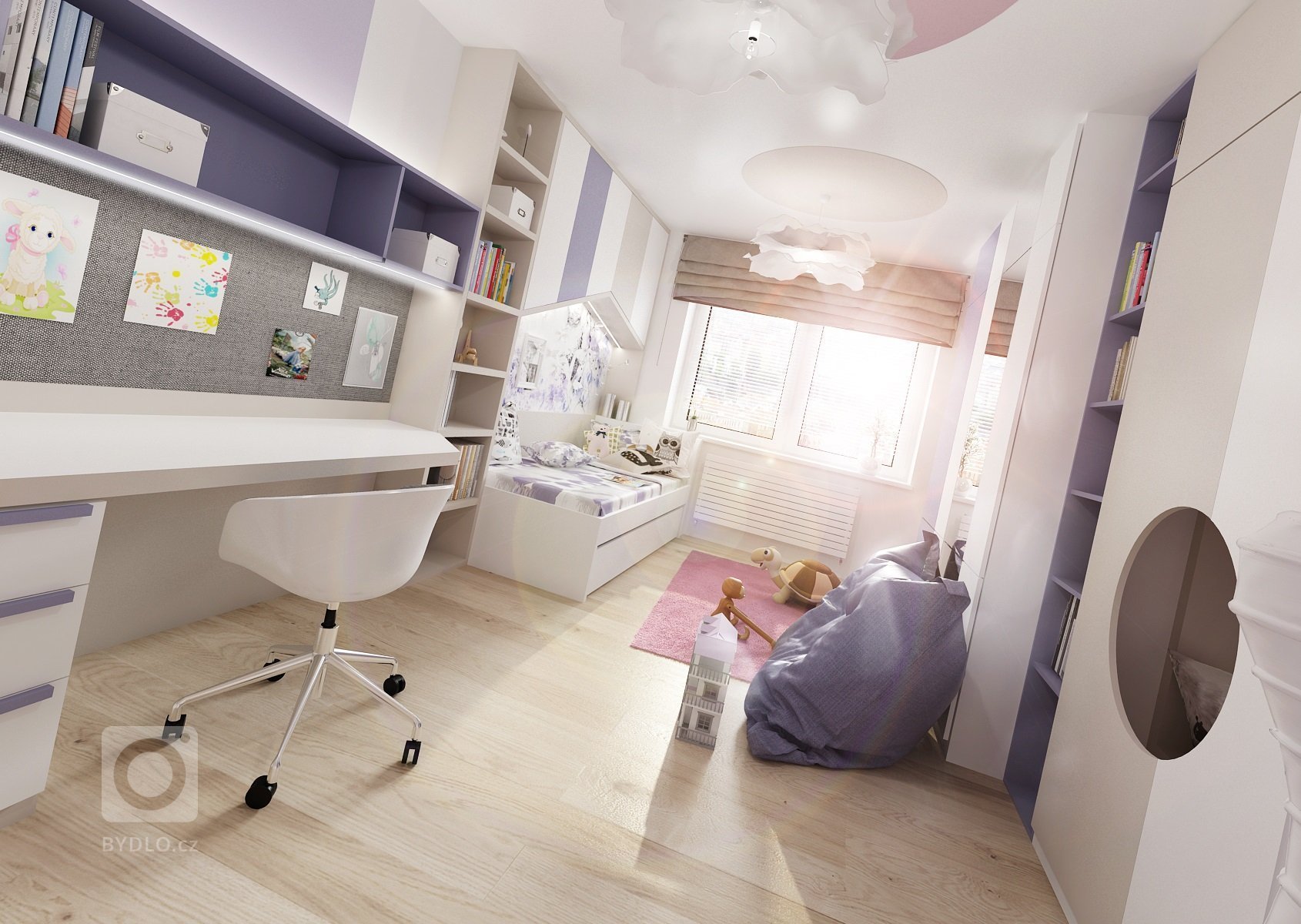 Dva pokoje pro dvě sestry vzájemně propojené průchodem skrz skříně. Pokoj starší dívky je v&nbsp;růžové, antracitové a bílé barvy. Nad postelí je rámová…