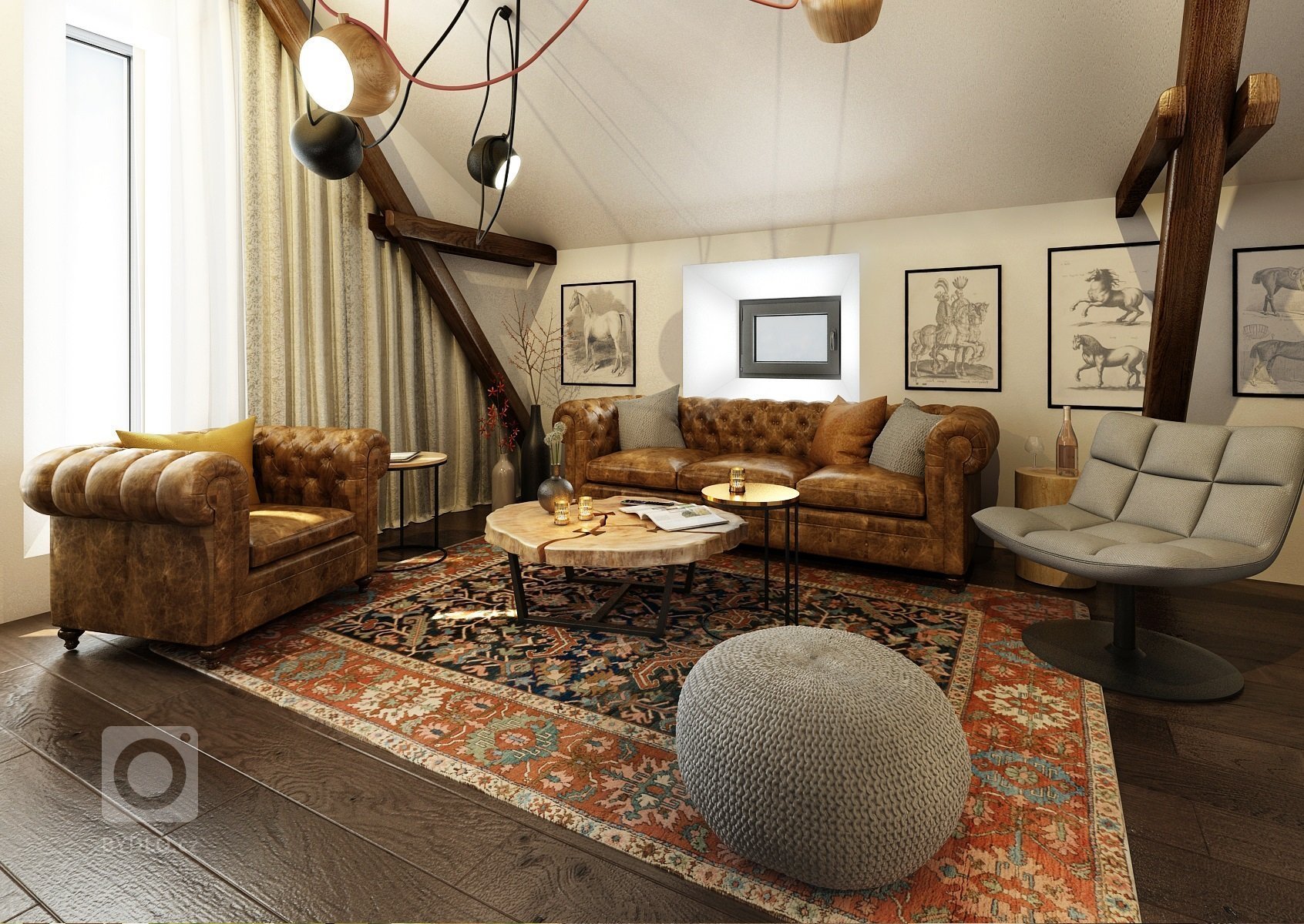 Návrh rekonstrukce půdního prostoru na privátní bydlení. V hlavní roli masivní dub, černý jekl a venkovská tématika.
