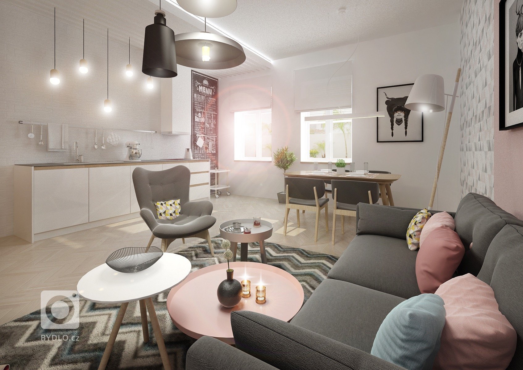 Minimalistický skandinávský design v&nbsp;netradičně řešené kuchyni s&nbsp;jídelnou a obývacím pokojem v&nbsp;jednom. Podlaha parkety bělený dub, přírodní dub,…