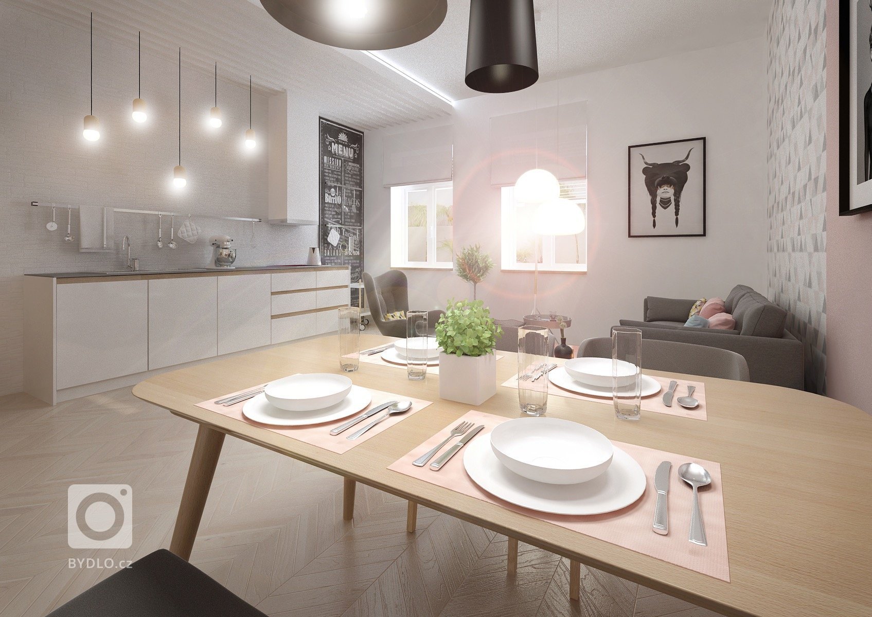 Minimalistický skandinávský design v&nbsp;netradičně řešené kuchyni s&nbsp;jídelnou a obývacím pokojem v&nbsp;jednom. Podlaha parkety bělený dub, přírodní dub,…