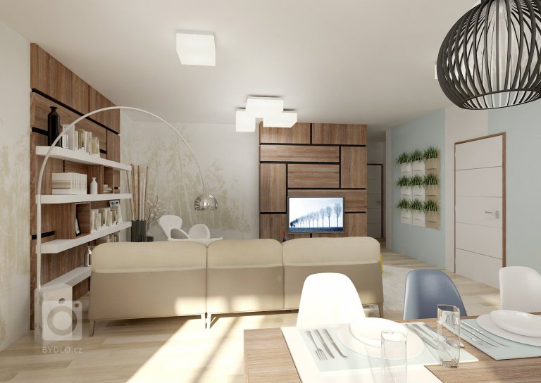 Komplet návrh bytu 2+kk . V&nbsp;interiéru se střídá světlý dřevodekor na vinylové podlaze s&nbsp;tmavším na nábytku. Dominantou obývacího pokoje jsou výrazné…