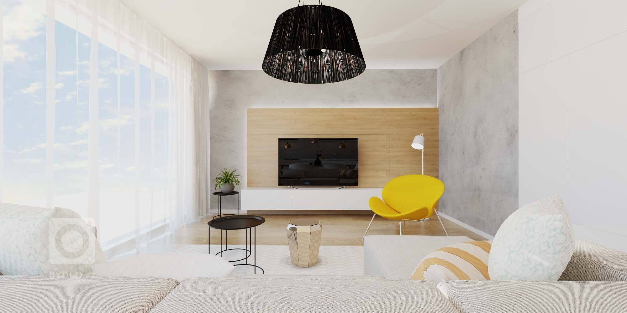 Minimalistický interiér s akcentujúcimi doplnkami.
