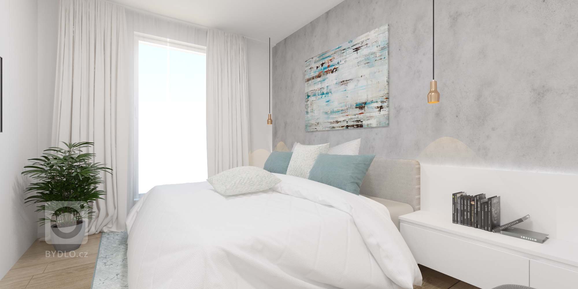 Minimalistický interiér s akcentujúcimi doplnkami.
