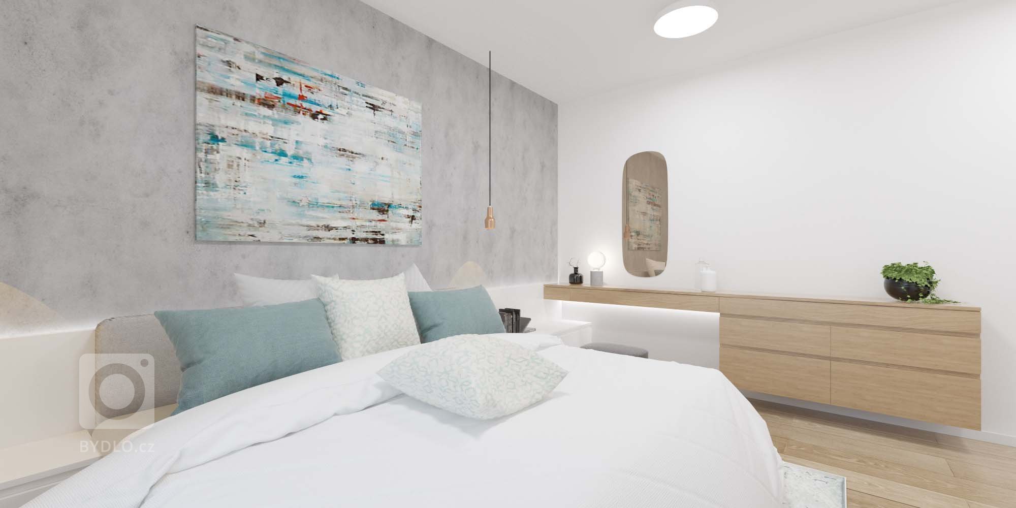 Minimalistický interiér s akcentujúcimi doplnkami.
