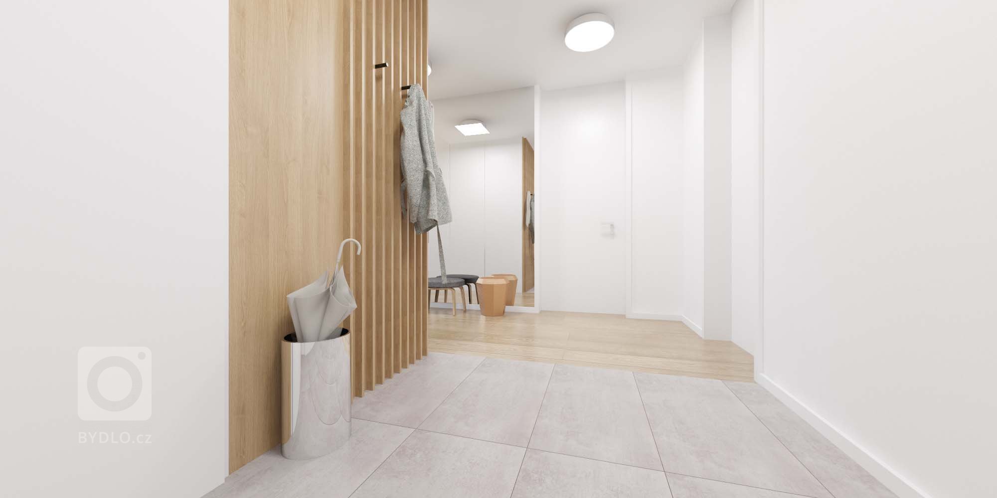 Minimalistický interiér s akcentujúcimi doplnkami.
