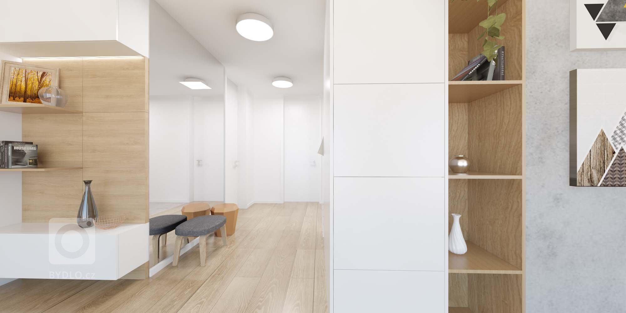 Minimalistický interiér s akcentujúcimi doplnkami.
