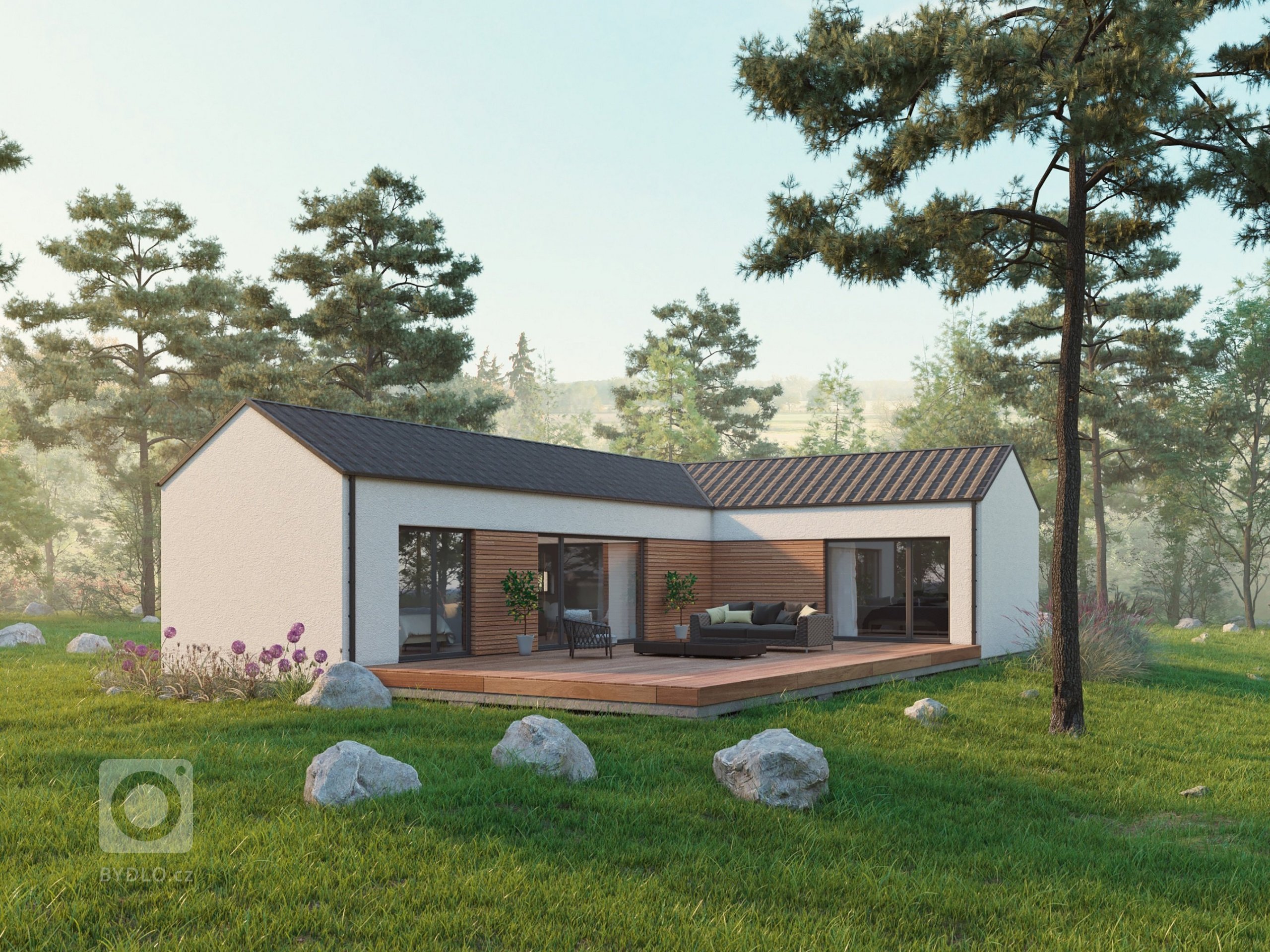 Oblíbená dvoumodulová dřevostavba s půdorysem do tvaru L může být vystavěna přímo v místě pozemku zákazníka či v případě pozemku vhodného pro usazení modulů…