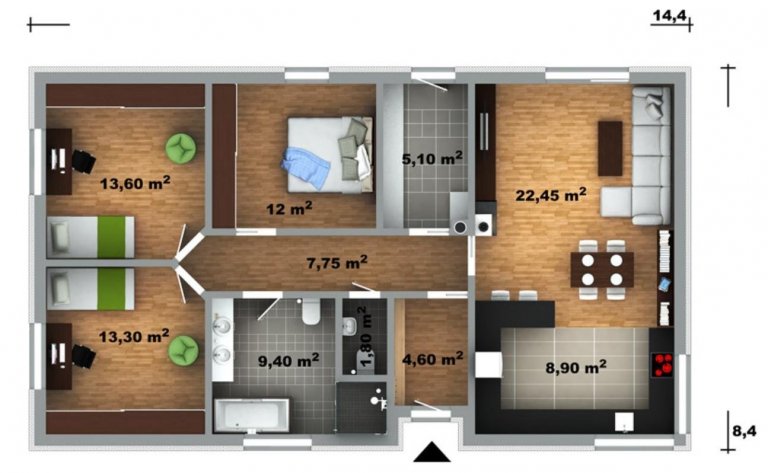 Velmi oblíbený dům typu bungalov s dispozicí 4+KK. Užitná plocha&nbsp;98,79 m2 vystačí i pro rodinu s dvěma dětmi, případně pro manžele, kteří potřebují čas od…