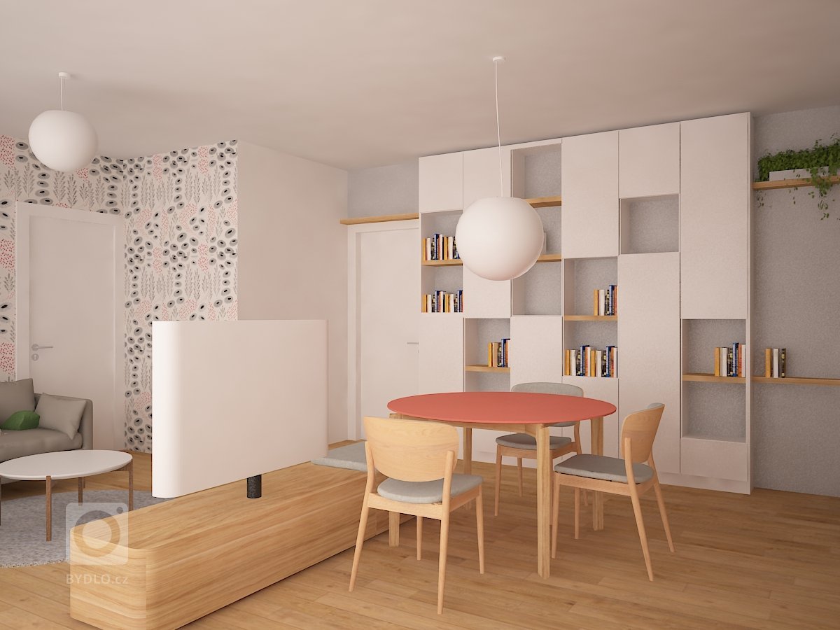 Interiér developerského bytu v Praze. Návrh je kombinací minimalistického ortogonálního přístupu s hravými asytmetrickými prvky. Netradiční je umístění otáčecí…
