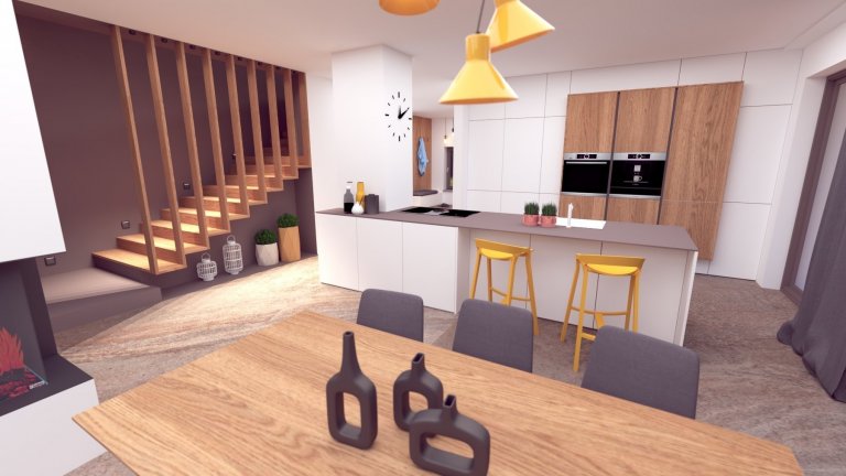 Pôvabný interiér s jemných nádychom luxusu, plný nápaditých detailov. Výrazné prepojenie prírodných materiálov s modernými tecnológiami.
