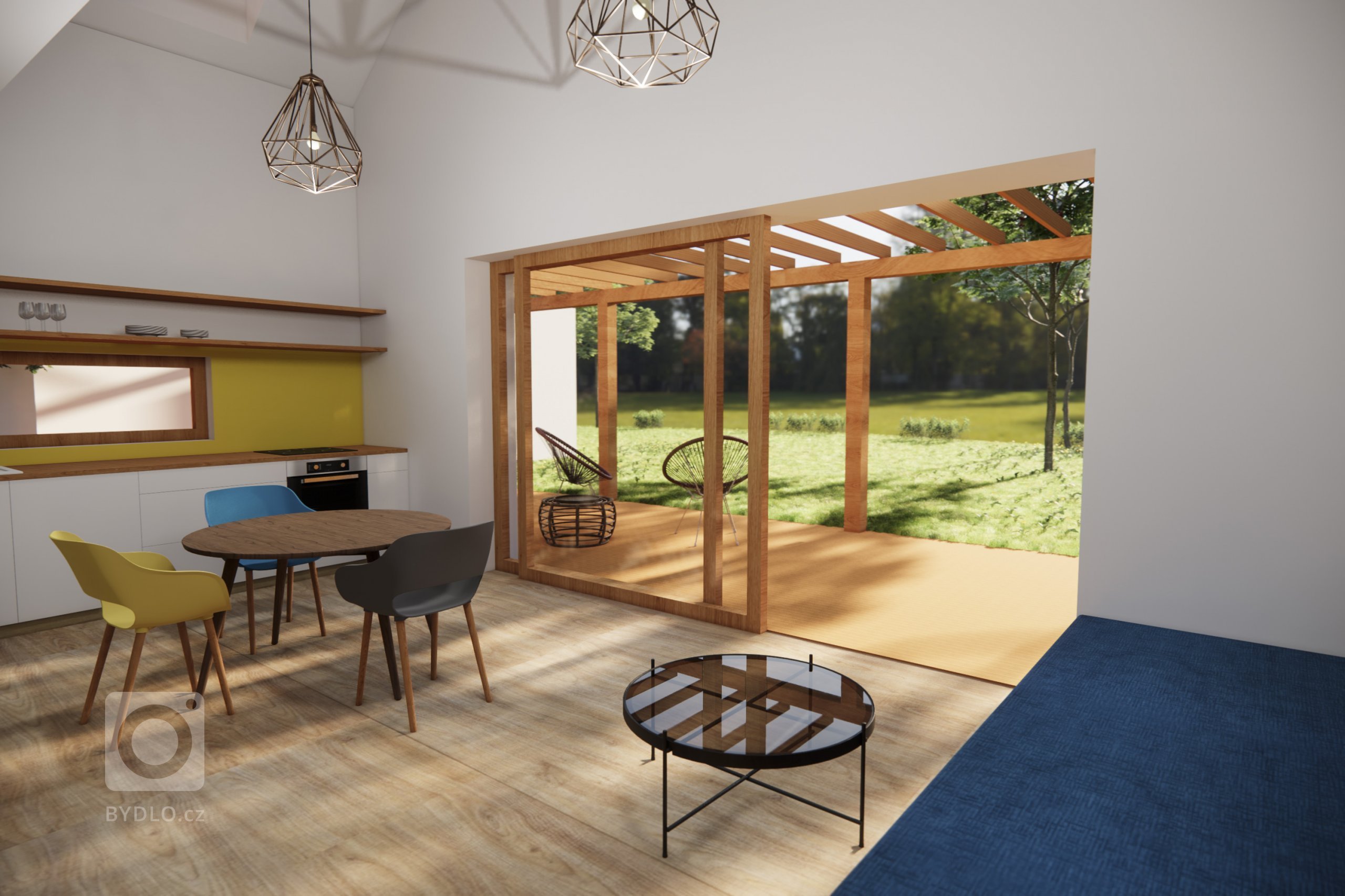 Pohled z obytného prostoru - velké posuvné okno nabízí příjemný pohled do zahrady