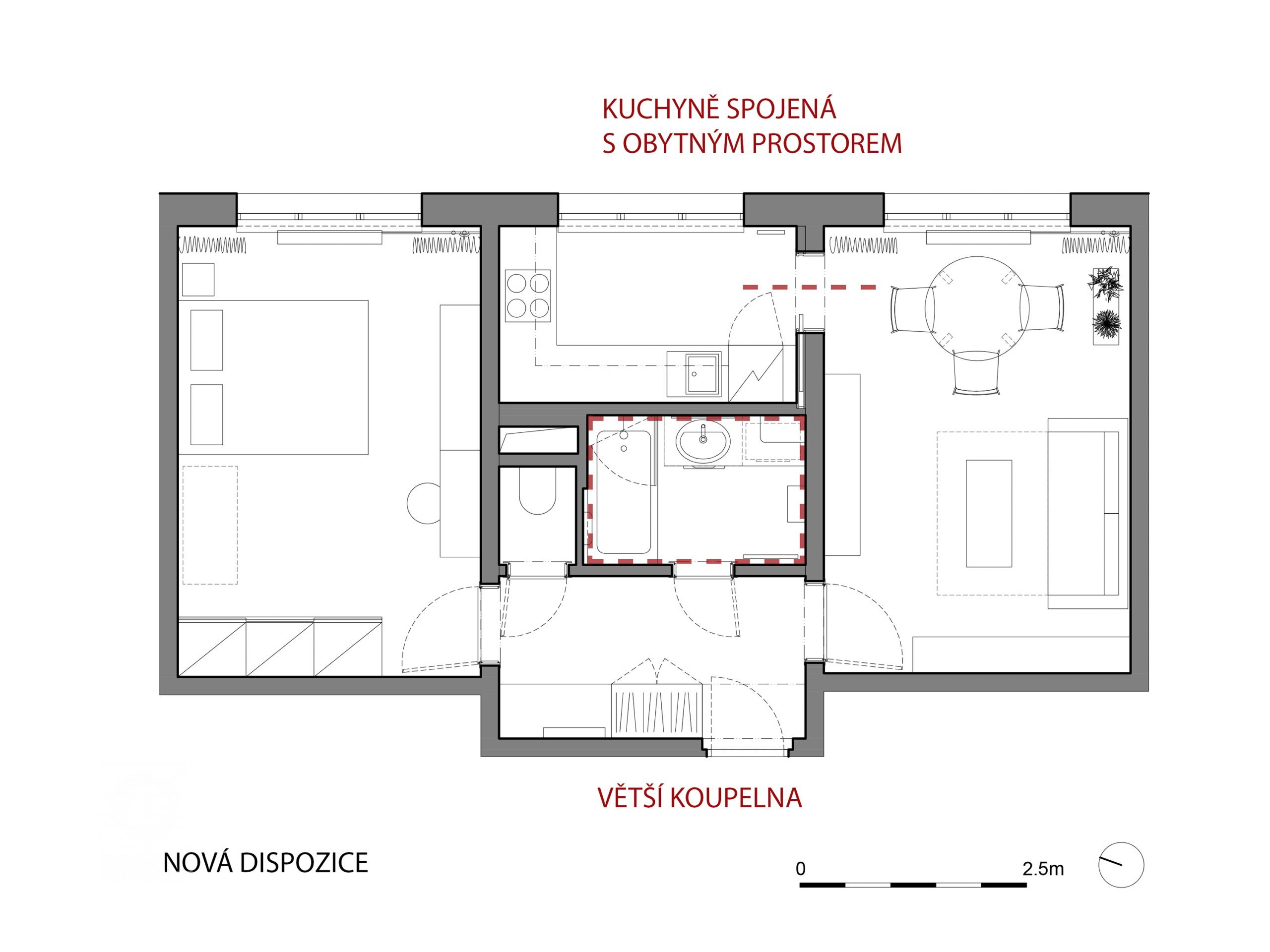Nová dispozice se zvětšenou koupelnou a kuchyní propojenou s obytným prostorem