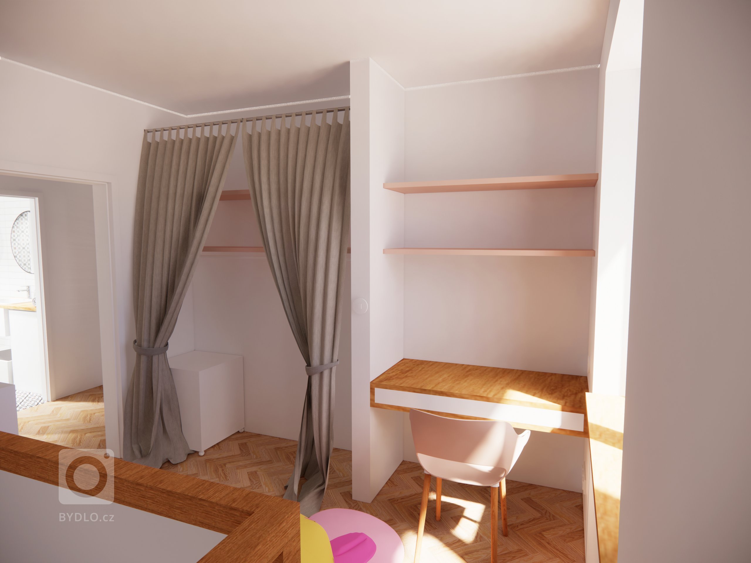 Dětský pokoj malé princezny - šatní kout se závěsem, pracovní stůl v nice