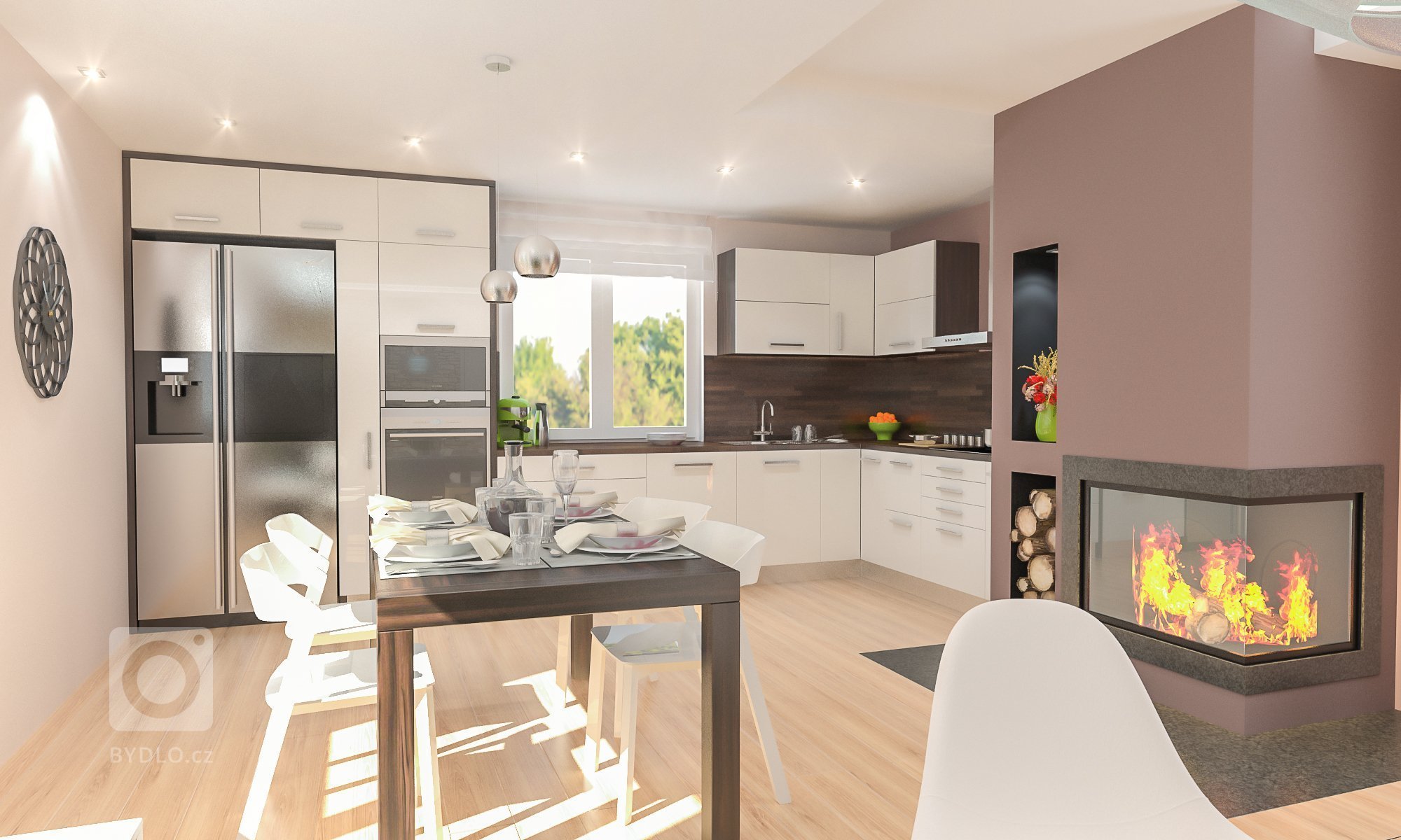 Obývací pokoj s krbem, kameným obkladem a prostornou kuchyní.
