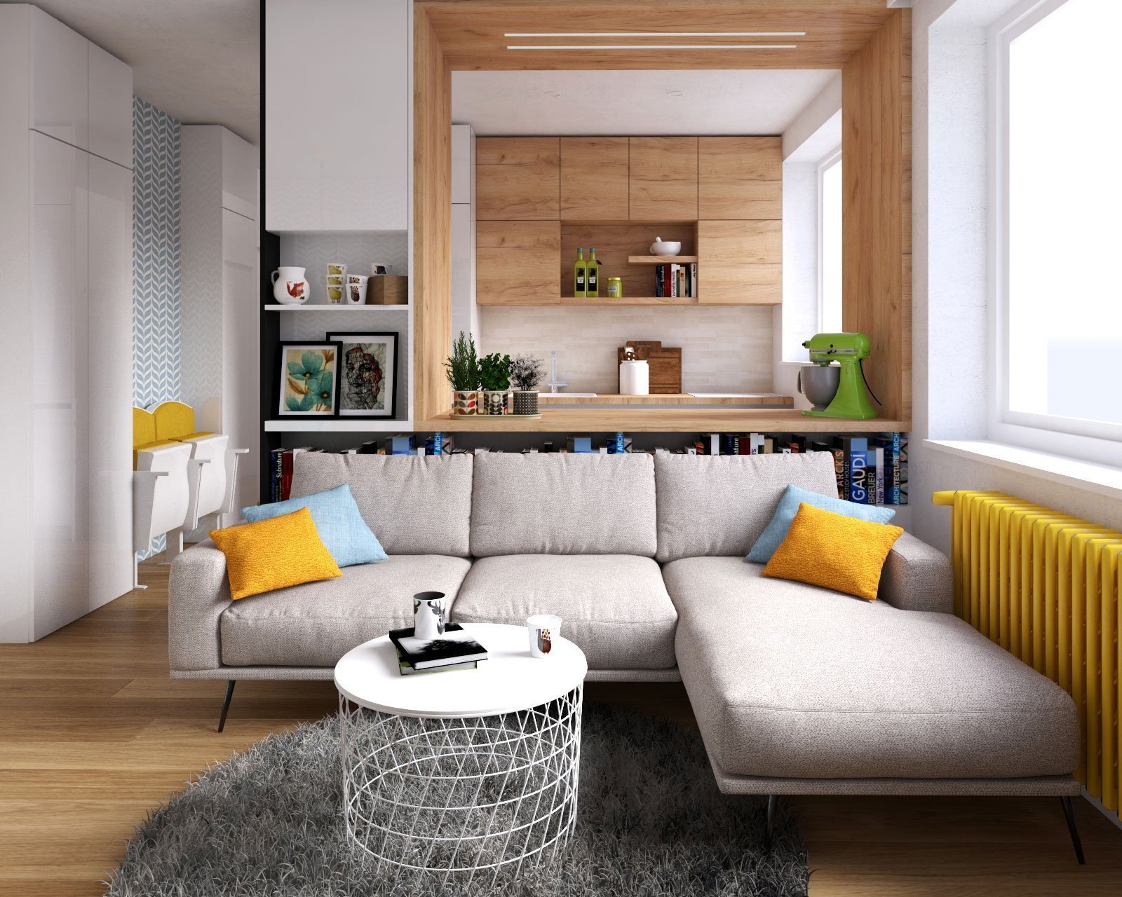 Návrh interiéru obývacího pokoje s ložnicí a chodbou&nbsp;ve skandinávském stylu. Jídelní stůl v dřevěném dekoru je doplněn o židle značky TON v barevném…