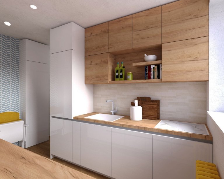 Návrh interiéru obývacího pokoje s ložnicí a chodbou&nbsp;ve skandinávském stylu. Jídelní stůl v dřevěném dekoru je doplněn o židle značky TON v barevném…