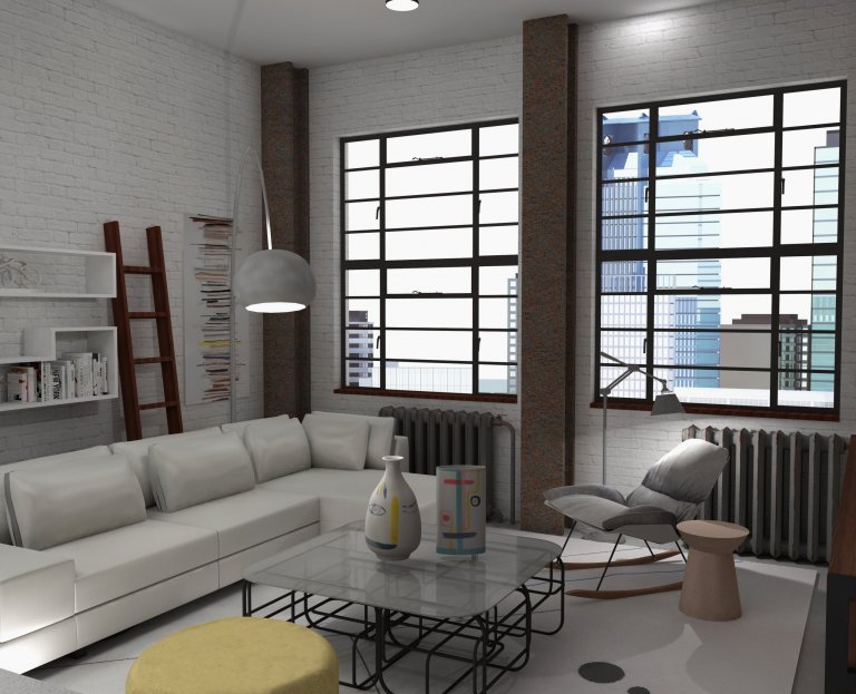 Prosvětlený industriální loft s akcenty žluté