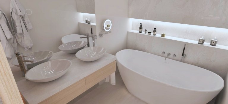 Návrh prázdninového apartmánu ve slunné Andalusii. Posuvná stěna z dřevěných lamel odděluje koupelnu s dvěma umyvadly a volně stojící vanou. Ložnice disponuje…