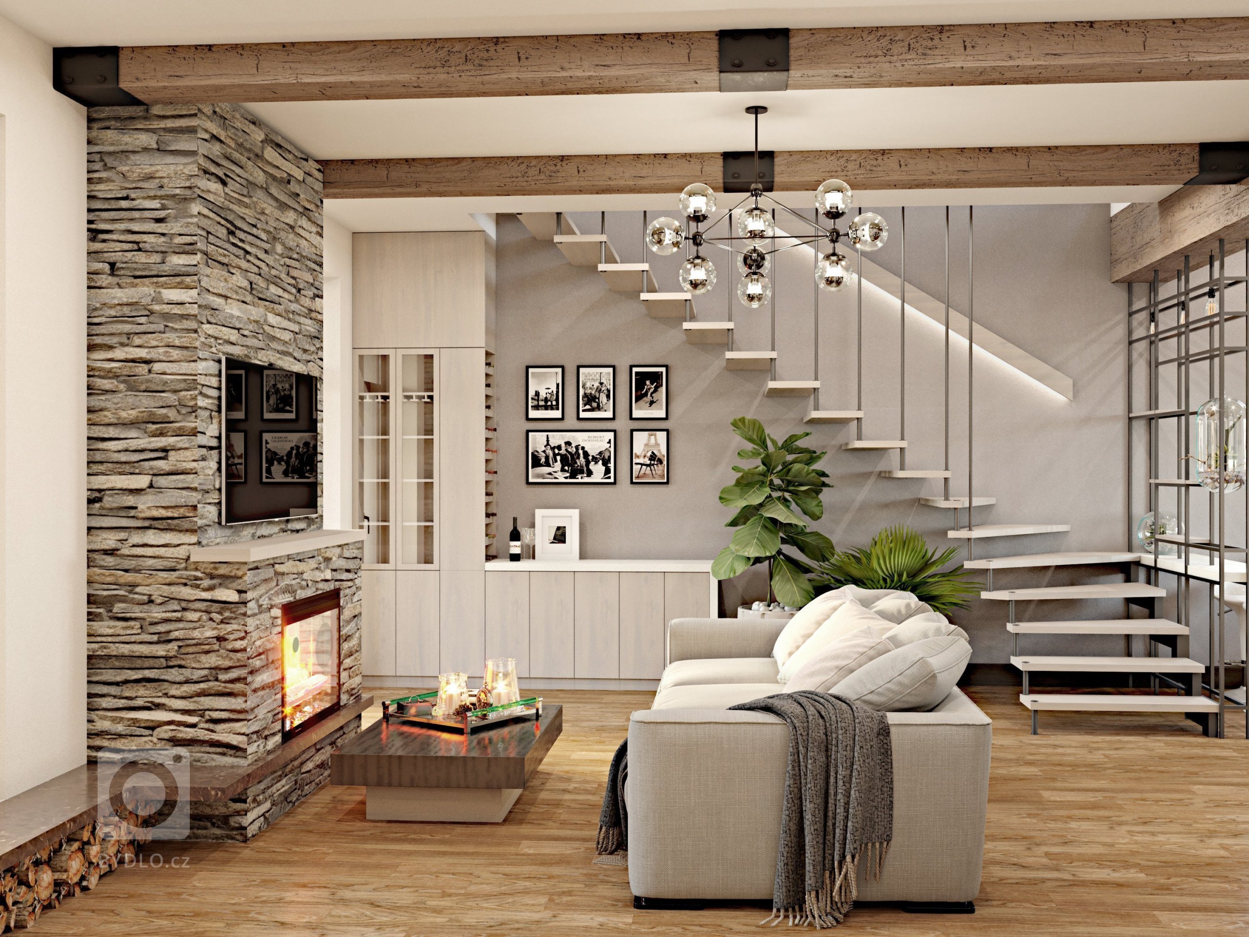 Návrh interiéru obývacího pokoje s kuchyni v rodinném domě. 3D vizualizace.&nbsp;Při realizaci byly zohledněny potřeby a životní styl každého člena rodiny,…