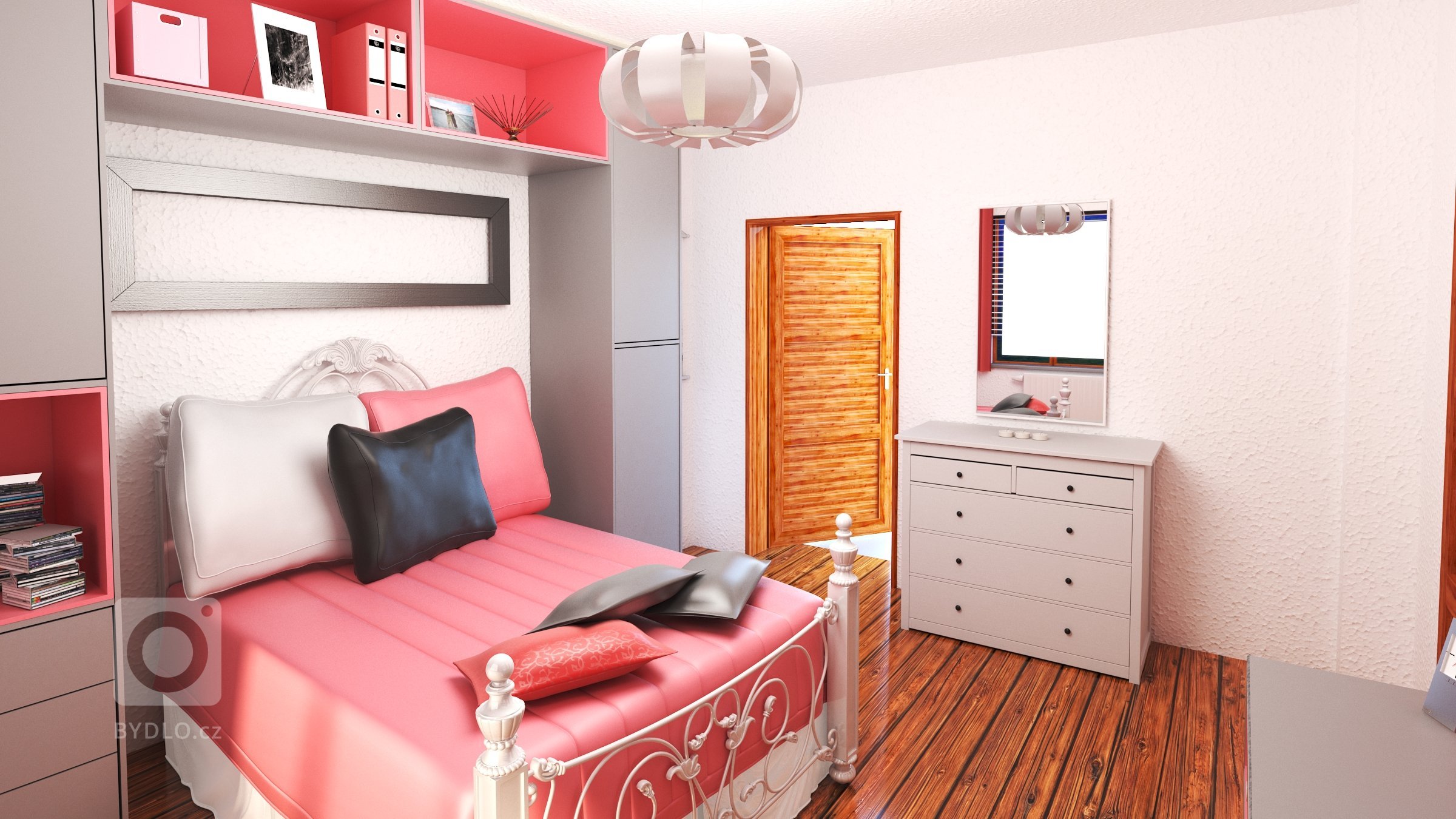 Dívčí pokoj pro 13-tiletou slečnu.

Růžová barva, podlaha z masivních prken a potel byly vabrána. Cílem bylo vše zakomponovat do organického a moderního celku.
