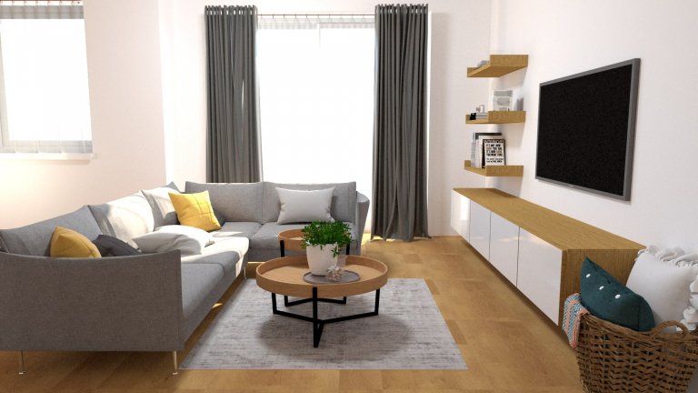 Vizualizace interiéru pro mladý pár.&nbsp;

V tomto ineriéru jsme volili&nbsp;teplý odstín&nbsp;dřeva na podlaze v kombinaci betonové stěrky v tmavě šedém…