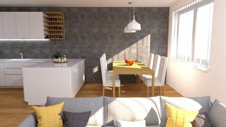 Vizualizace interiéru pro mladý pár.&nbsp;

V tomto ineriéru jsme volili&nbsp;teplý odstín&nbsp;dřeva na podlaze v kombinaci betonové stěrky v tmavě šedém…