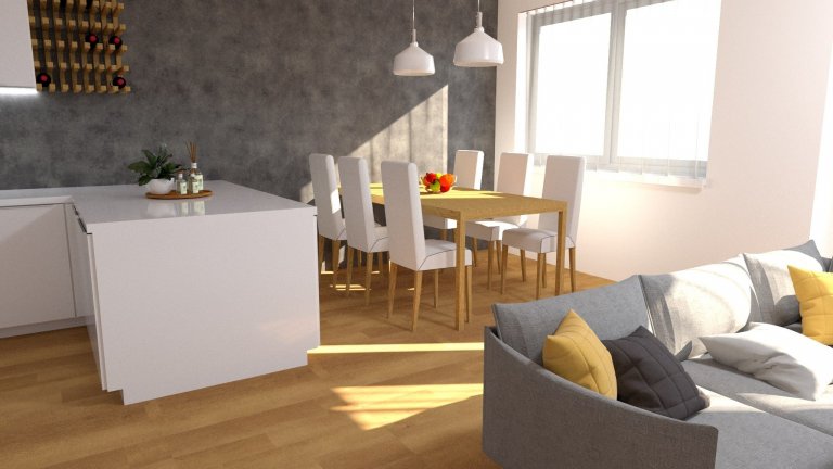 Vizualizace interiéru pro mladý pár.&nbsp;

V tomto ineriéru jsme volili&nbsp;teplý odstín&nbsp;dřeva na podlaze v kombinaci betonové stěrky v tmavě šedém…