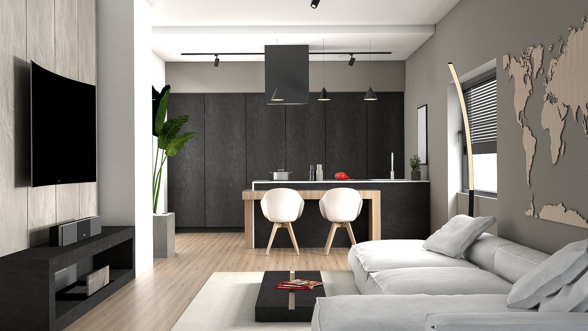 Ukázka naší práce designového návrhu kuchyňské linky s obývací částí. Dominantou prostoru je designová, minimalistická kuchyň. Vysoké zásuvné skříně nejen šetří místo, ale jsou i hezkým designovým prvkem nadčasové kuchyně. Vybavení je s veškerým komfortem. Za zásuvnými dveřmi, za kterými můžete nechat vše zmizet se nachází kuchyňské spotřebiče, úložné prostory pro potraviny, pracovní plocha, příprava pro volně stojící kávovar a mnoho prostoru se zásuvkami pro vybavení kuchyně. Při otevření dveří se otevře pohled na to, co je za nimi skryto: dokonale zorganizovaná kuchyně, kde vše, má své místo. Součástí pracovní desky je dřez z Corianu. Ponechali jsme zde dostatek pracovní plochy a své místo má i indukční deska. Barový stoleček, který je také součástí kuchyňského ostrůvku jsme navrhli ve vhodné výšce pro umístění klasických, pohodlných jídelních židlí. Ukázka naší práce designového návrhu kuchyňské linky s obývací částí. Dominantou prostoru je designová, minimalistická kuchyň. Vysoké zásuvné skříně nejen šetří místo, ale jsou i hezkým designovým prvkem nadčasové kuchyně. Vybavení je s veškerým komfortem. Za zásuvnými dveřmi, za kterými můžete nechat vše zmizet se nachází kuchyňské spotřebiče, úložné prostory pro potraviny, pracovní plocha, příprava pro volně stojící kávovar a mnoho prostoru se zásuvkami pro vybavení kuchyně. Při otevření dveří se otevře pohled na to, co je za nimi skryto: dokonale zorganizovaná kuchyně, kde vše, má své místo. Součástí pracovní desky je dřez z Corianu. Ponechali jsme zde dostatek pracovní plochy a své místo má i indukční deska. Barový stoleček, který je také součástí kuchyňského ostrůvku jsme navrhli ve vhodné výšce pro umístění klasických, pohodlných jídelních židlí.