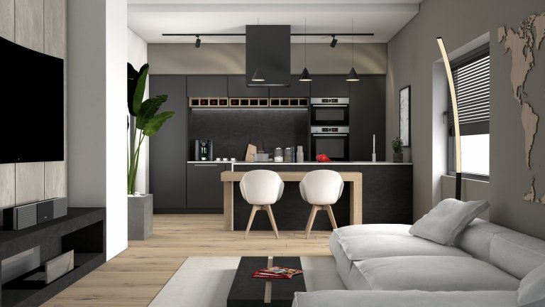 Ukázka naší práce designového návrhu kuchyňské linky s obývací částí. Dominantou prostoru je designová, minimalistická kuchyň. Vysoké zásuvné skříně nejen…