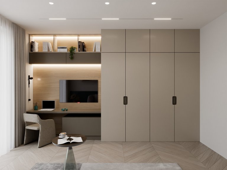 Moderný, elegantný, béžový, bledý, krásný bytový interiér. Návrh a realizácia na mieru zo štúdia PRUNUS.