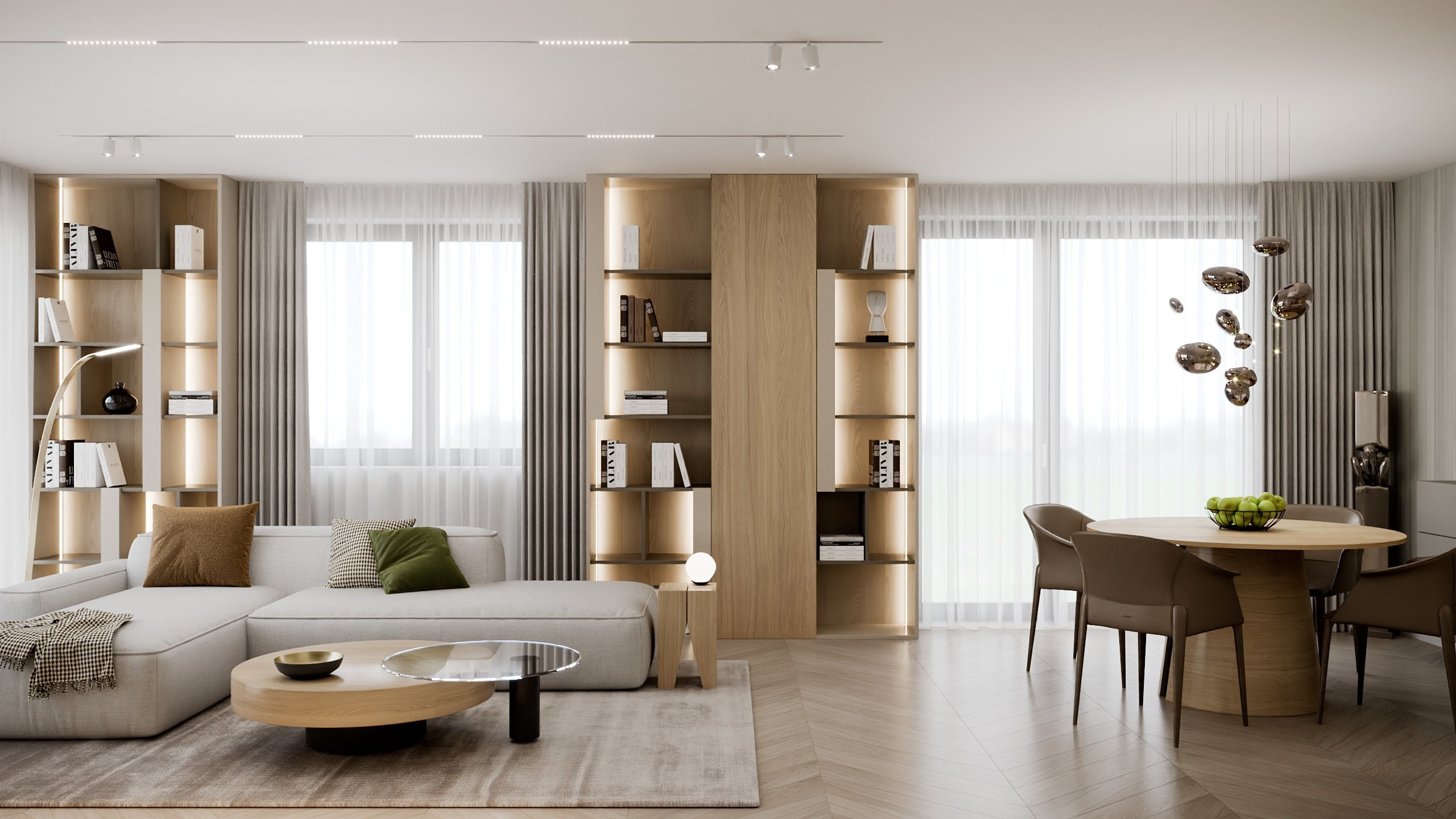 Moderný, elegantný, béžový, bledý, krásný bytový interiér. Návrh a realizácia na mieru zo štúdia PRUNUS.