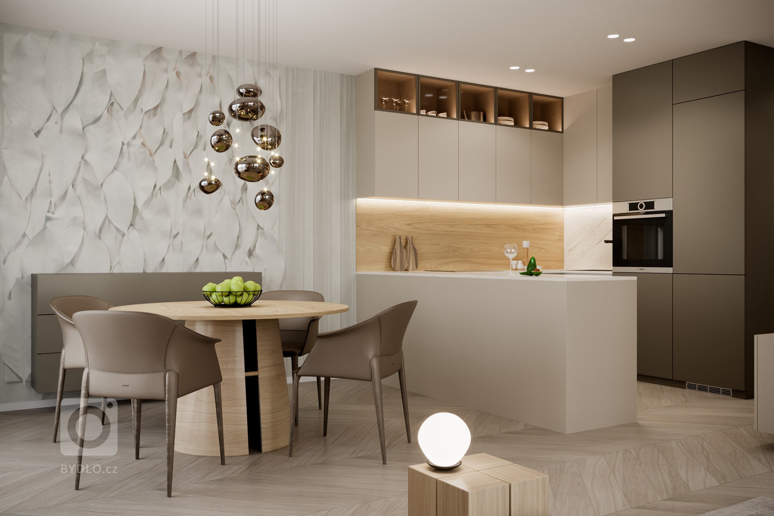 Moderný, elegantný, béžový, bledý, krásný bytový interiér. Návrh a realizácia na mieru zo štúdia PRUNUS.