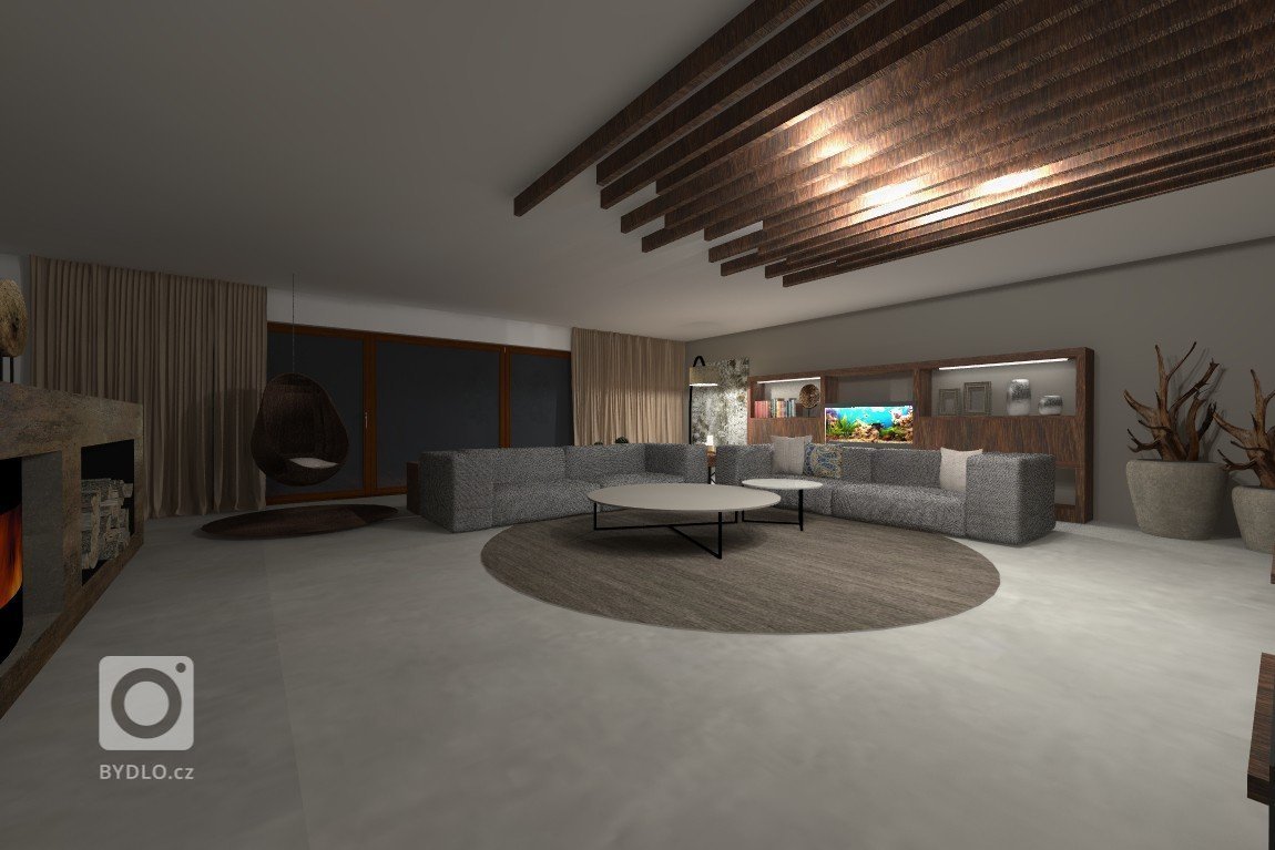 Obývací pokoj v moderním stylu. Masivní dřevo a MDF deska. Krb umístěn uprostřed obytného prostoru.
