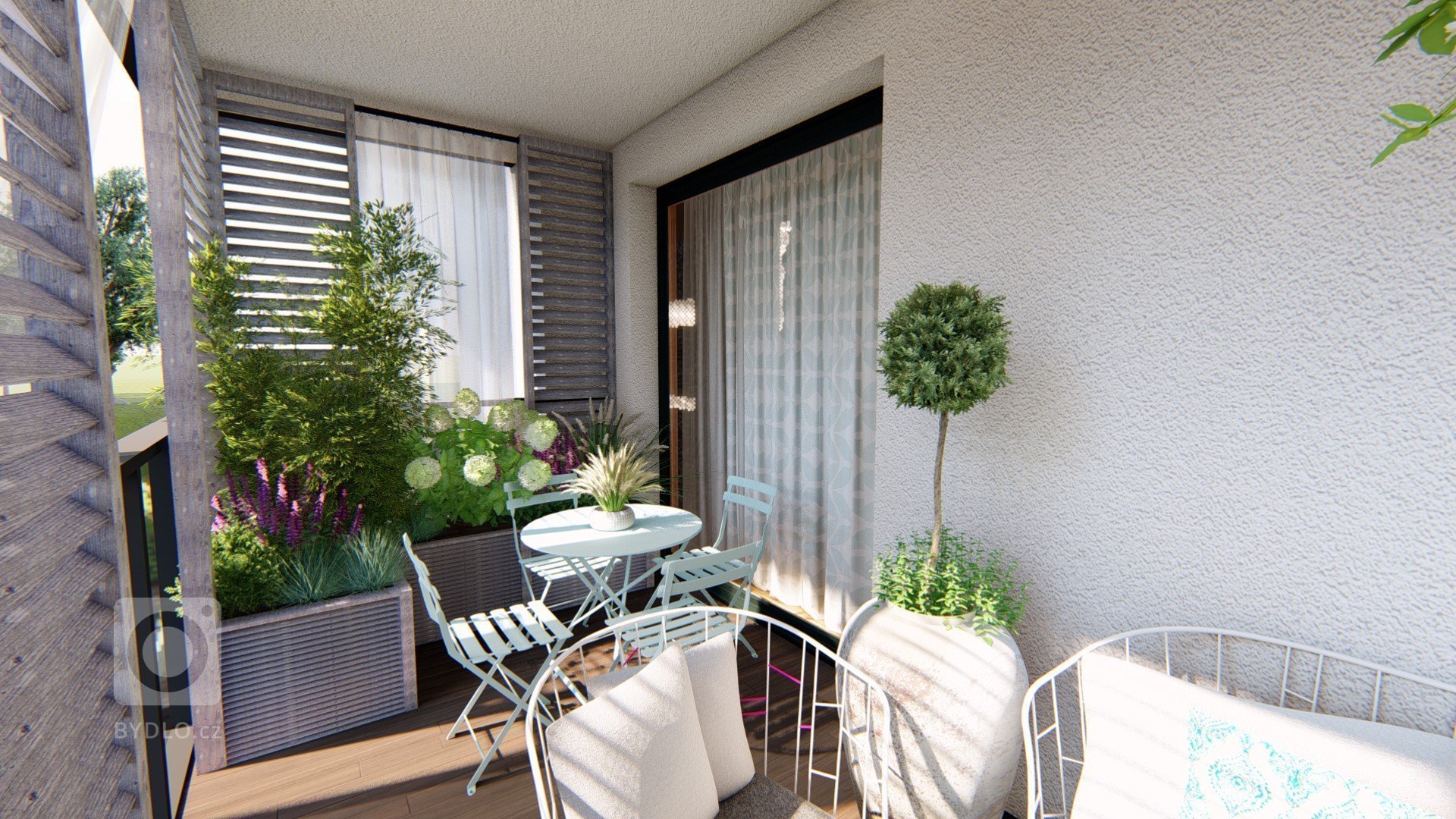 

Balkon je v současné době amatérsky upravený, nachází se na něm malé posezení, dekorace v podobě šicího stroje a několik květináčů a truhlíků se zelení.…