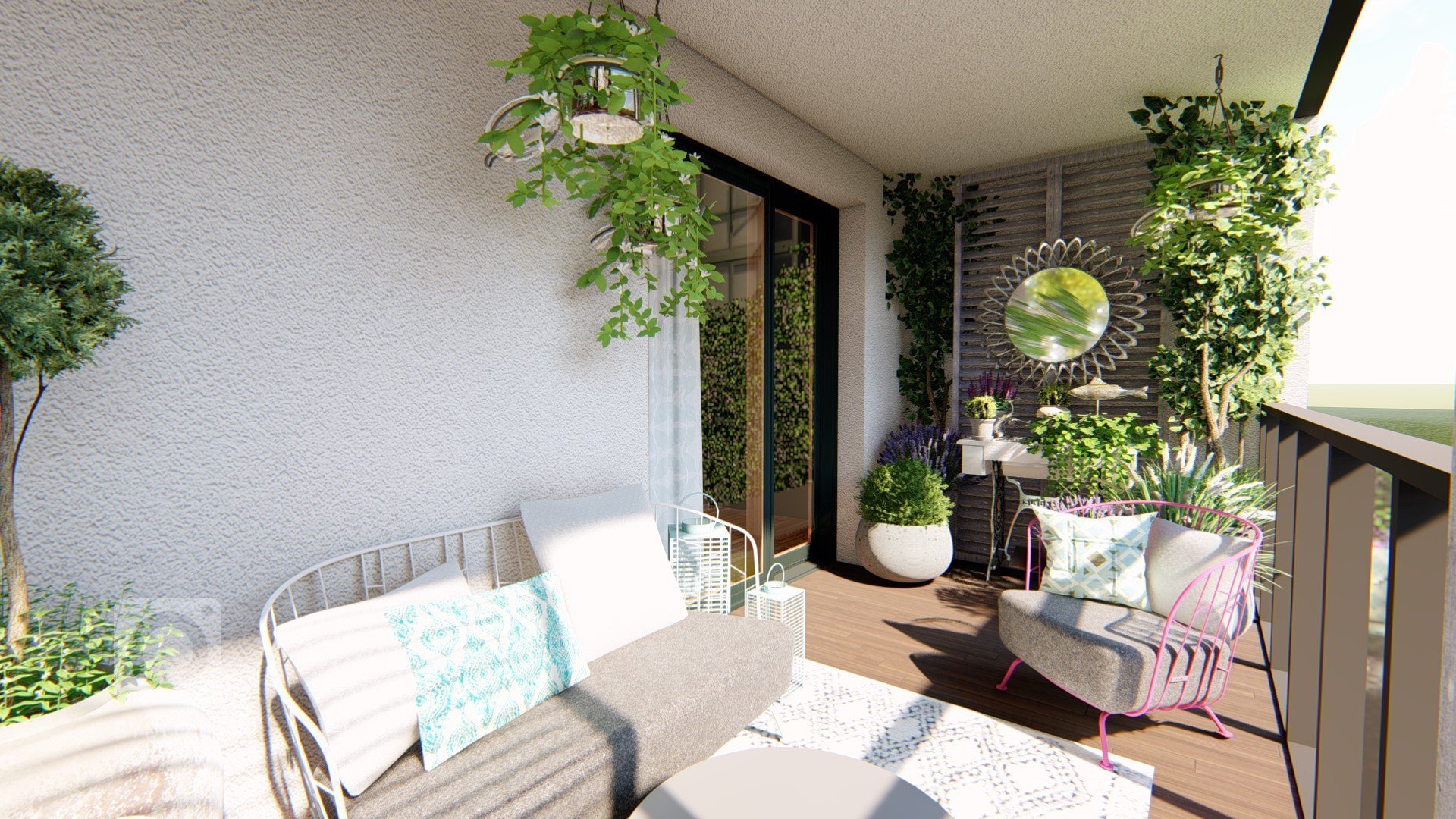 

Balkon je v současné době amatérsky upravený, nachází se na něm malé posezení, dekorace v podobě šicího stroje a několik květináčů a truhlíků se zelení.…