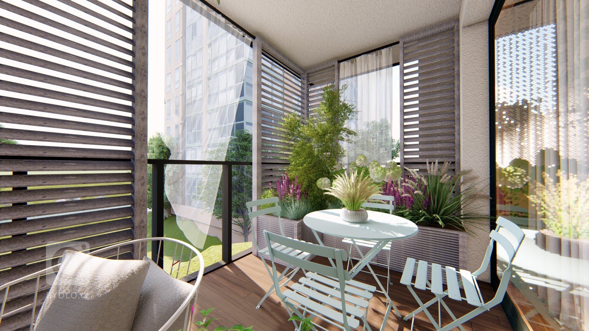 

Balkon je v současné době amatérsky upravený, nachází se na něm malé posezení, dekorace v podobě šicího stroje a několik květináčů a truhlíků se zelení.…