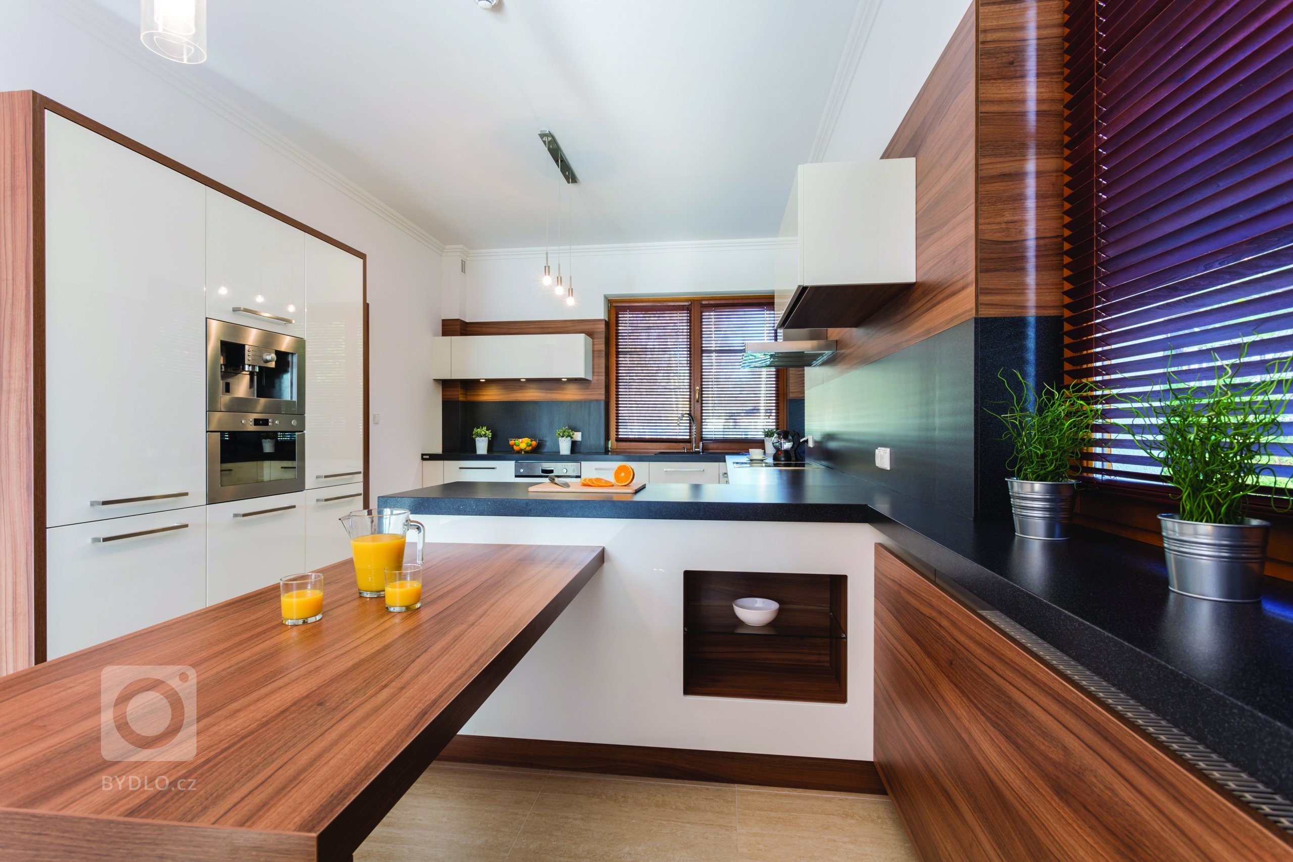 Moderní kuchyně s ostrůvkem a dřevěnými prvky.