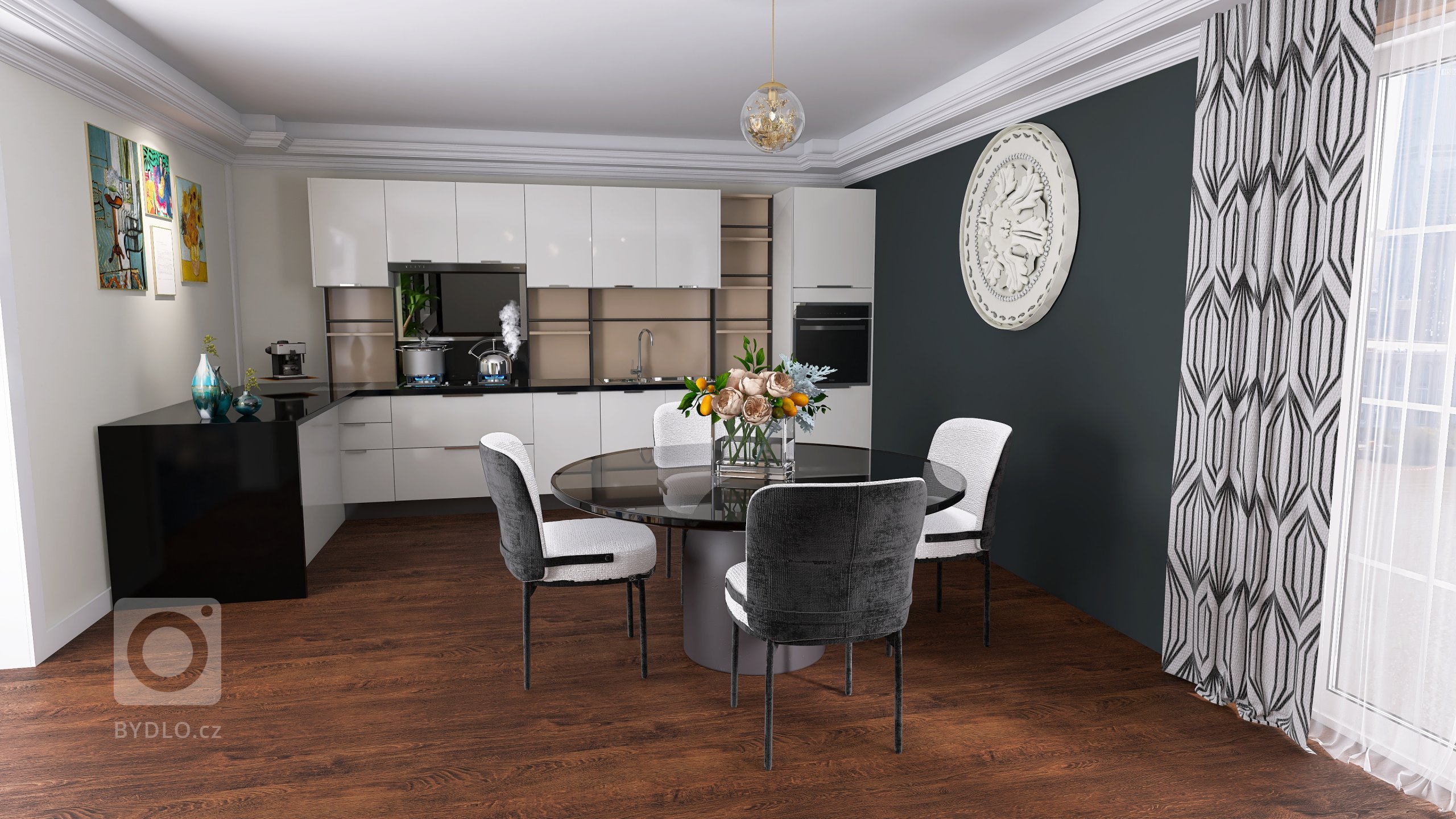 Vizualizace potencionálního budoucího stavu kuchyně, jídelny a obývacího pokoje. Přáním bylo zařazení tmavších barev, zlatých detailů, geometrických prvků.
