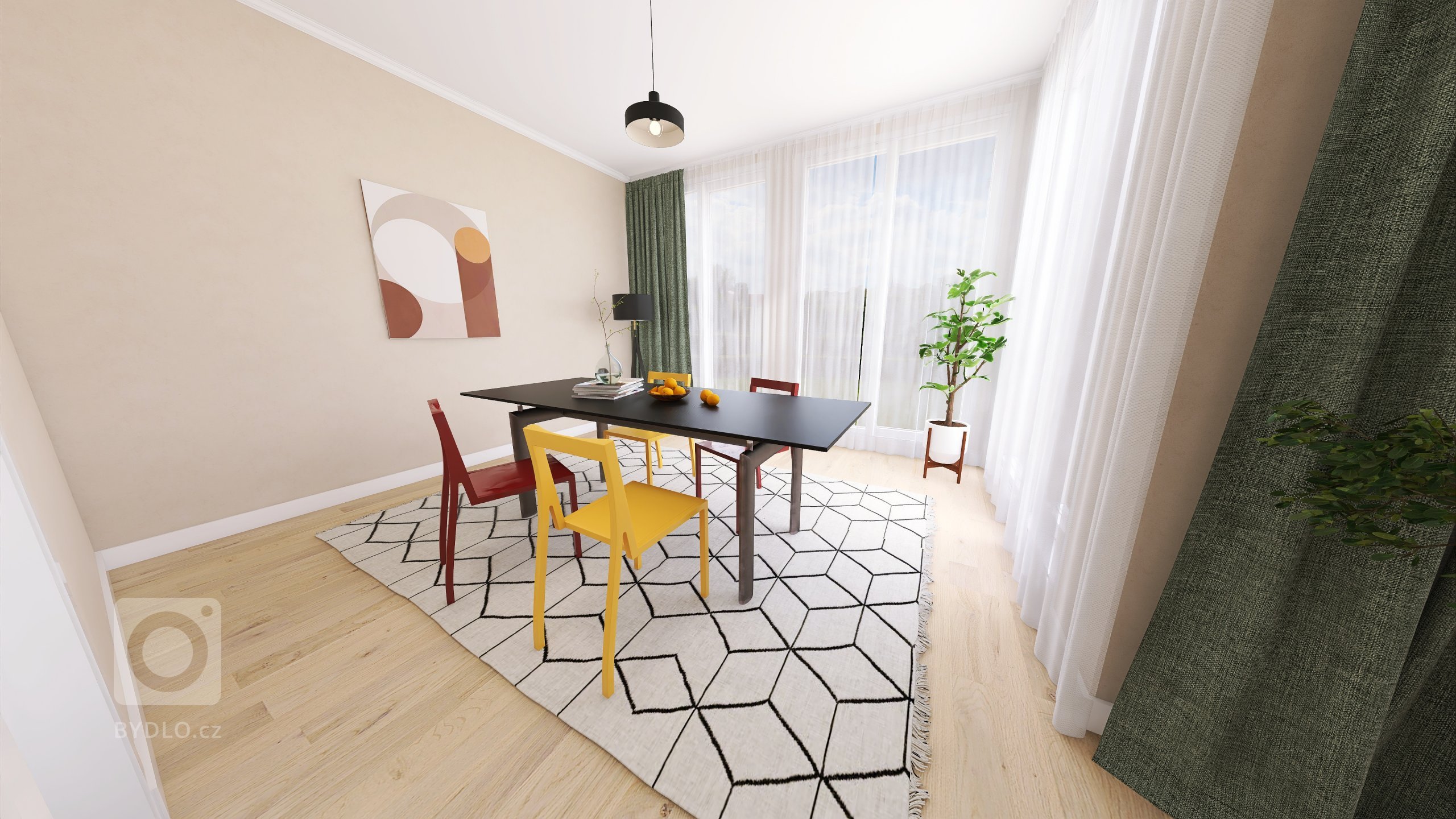 Provedení vizualizace podle předlohy klienta. Prosvětlený interiér, hravé a barevné prvky, originální kusy nábytku. Vizualizace provedená v částech kuchyně,…